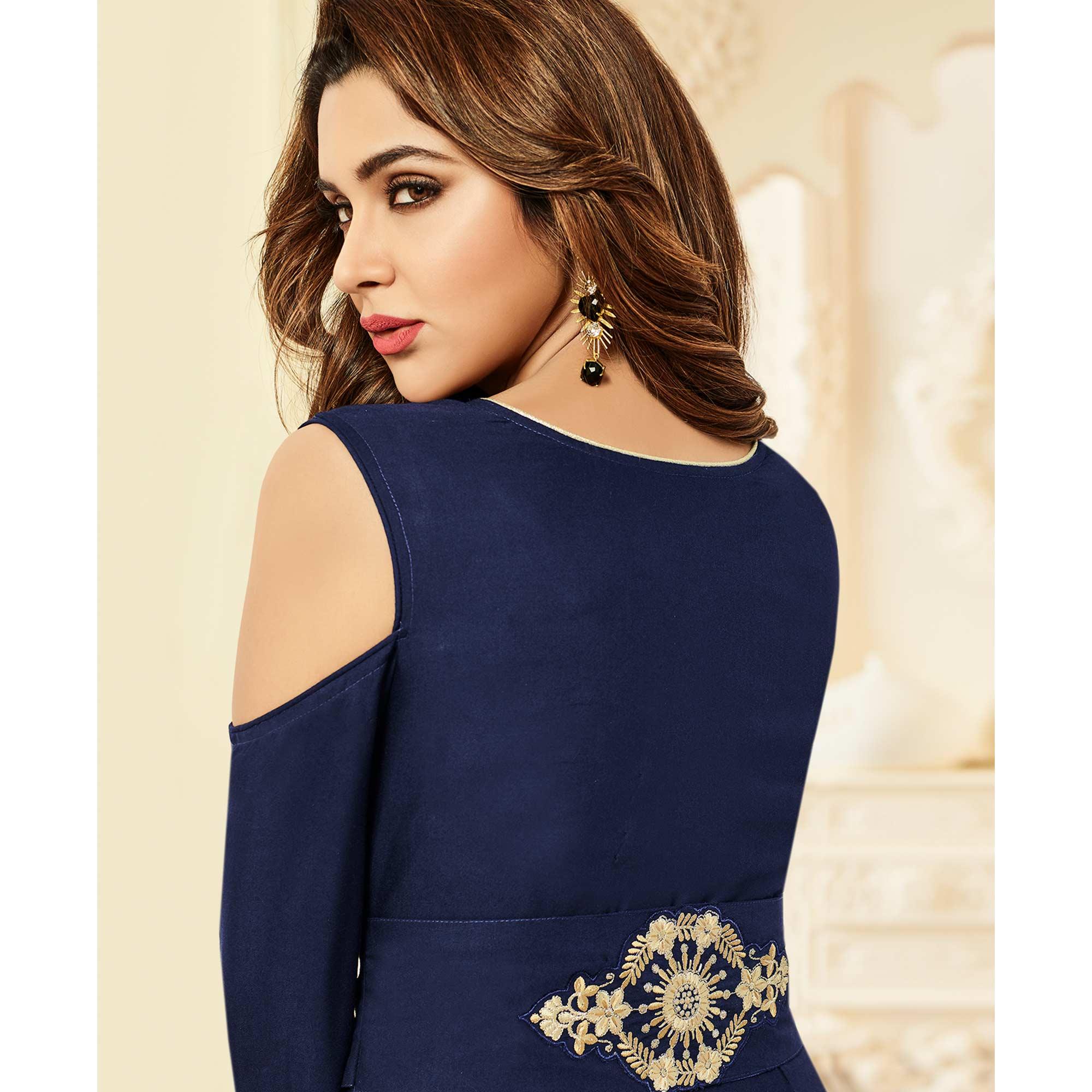 Prominent Navy Blue Colored Party Wear Floral Embroidered Rayon Kurti - Peachmode