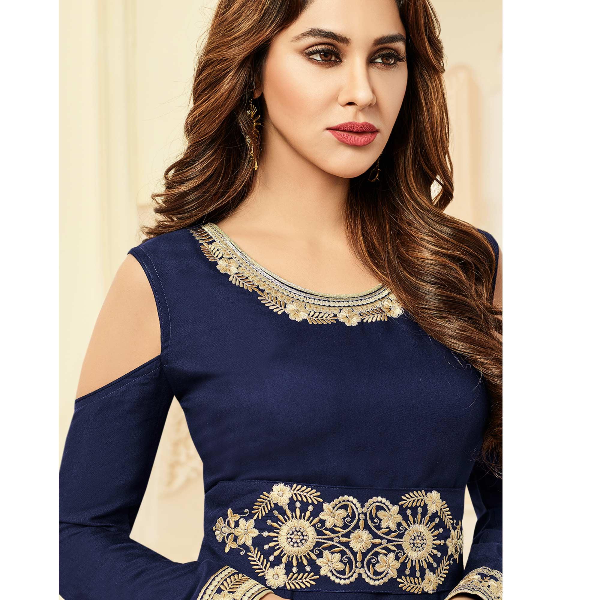 Prominent Navy Blue Colored Party Wear Floral Embroidered Rayon Kurti - Peachmode