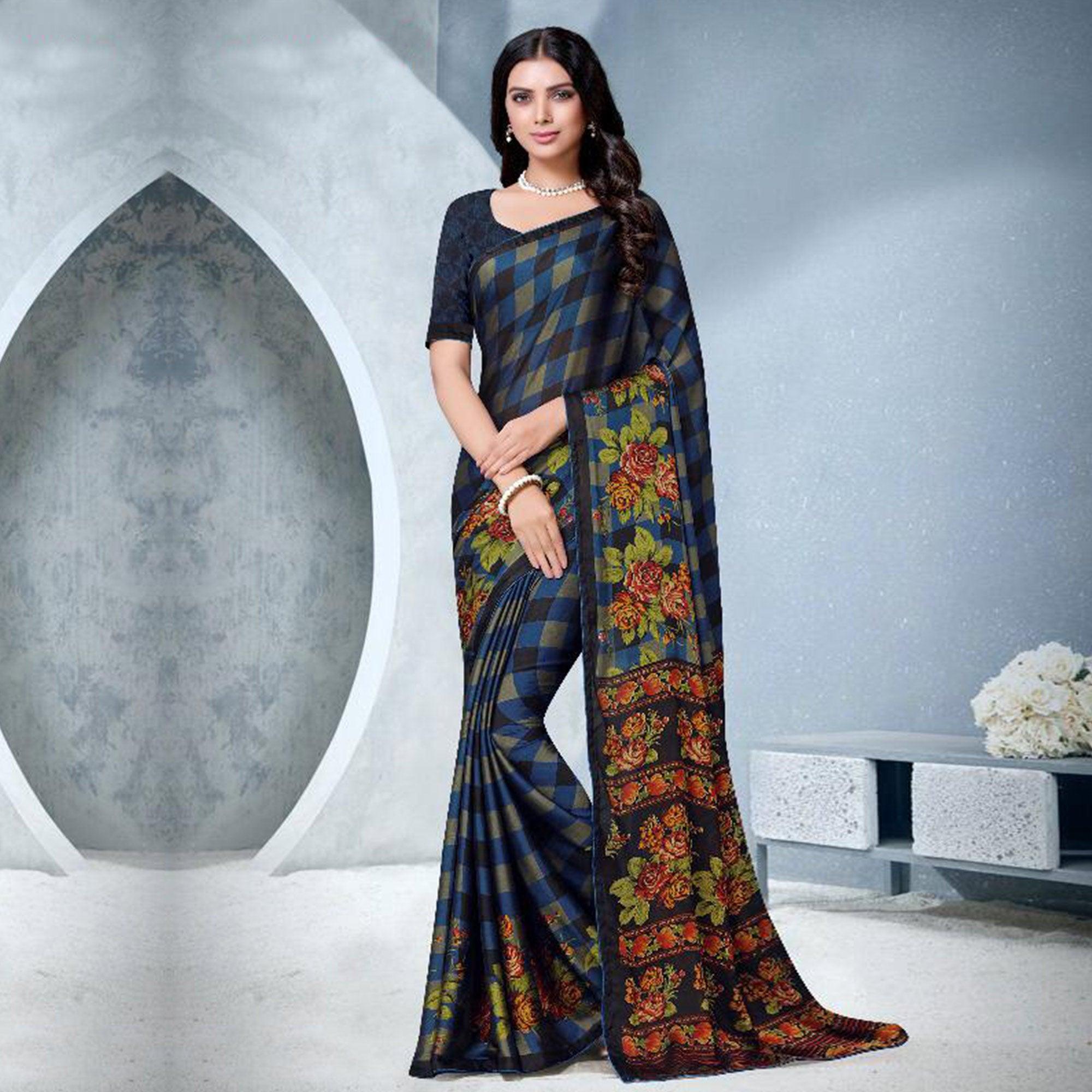Prominent Navy Blue Colored Partywear Checkered Printed Chiffon Saree - Peachmode