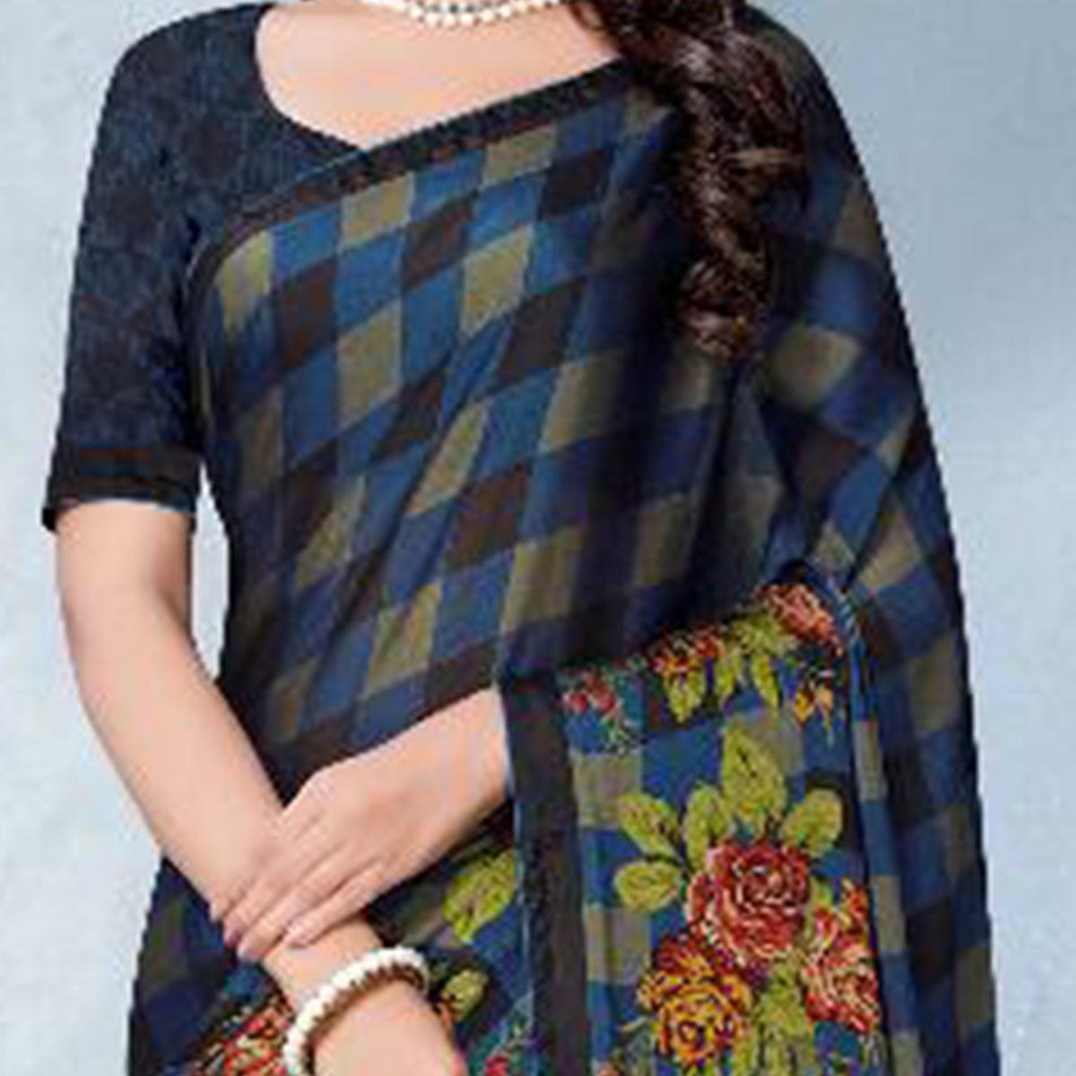 Prominent Navy Blue Colored Partywear Checkered Printed Chiffon Saree - Peachmode