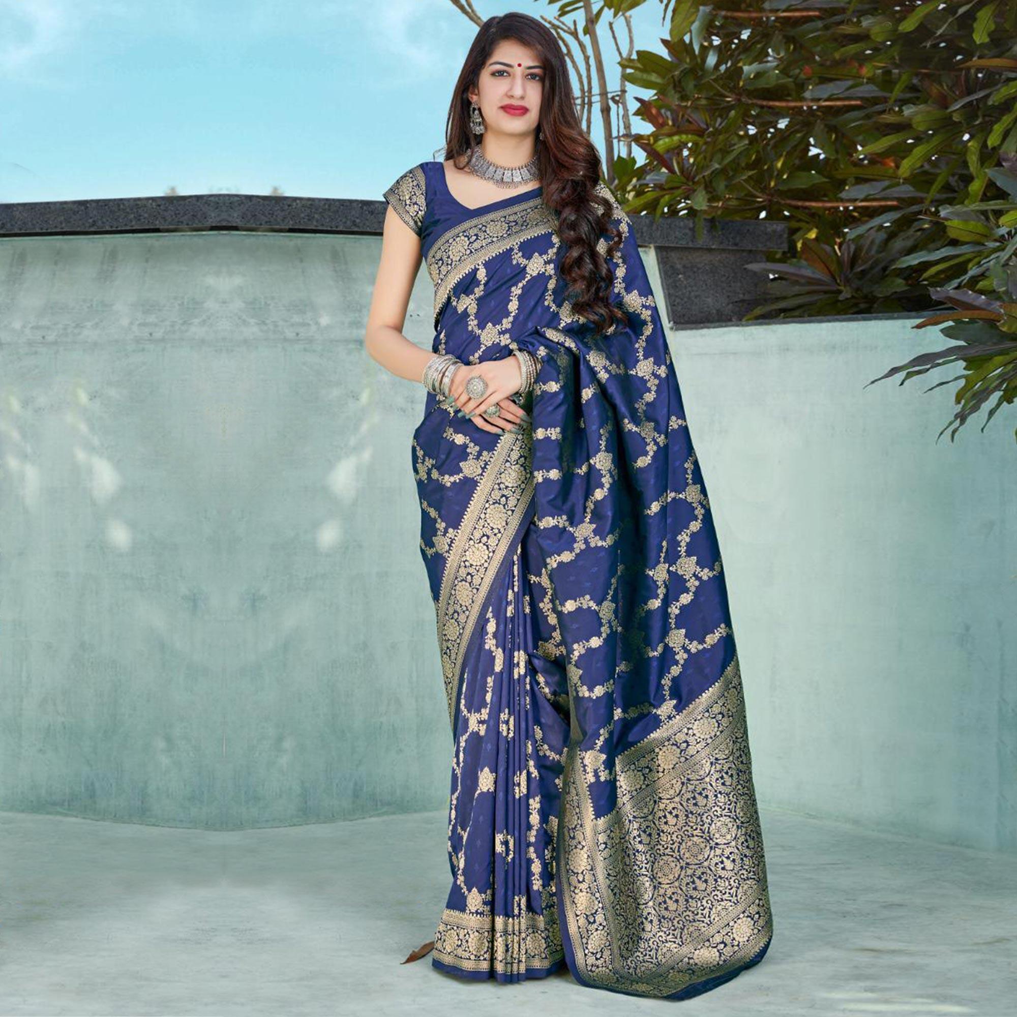Prominent Navy Blue Coloured Partywear Woven Silk Saree - Peachmode