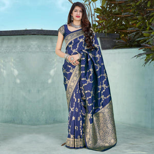 Prominent Navy Blue Coloured Partywear Woven Silk Saree - Peachmode