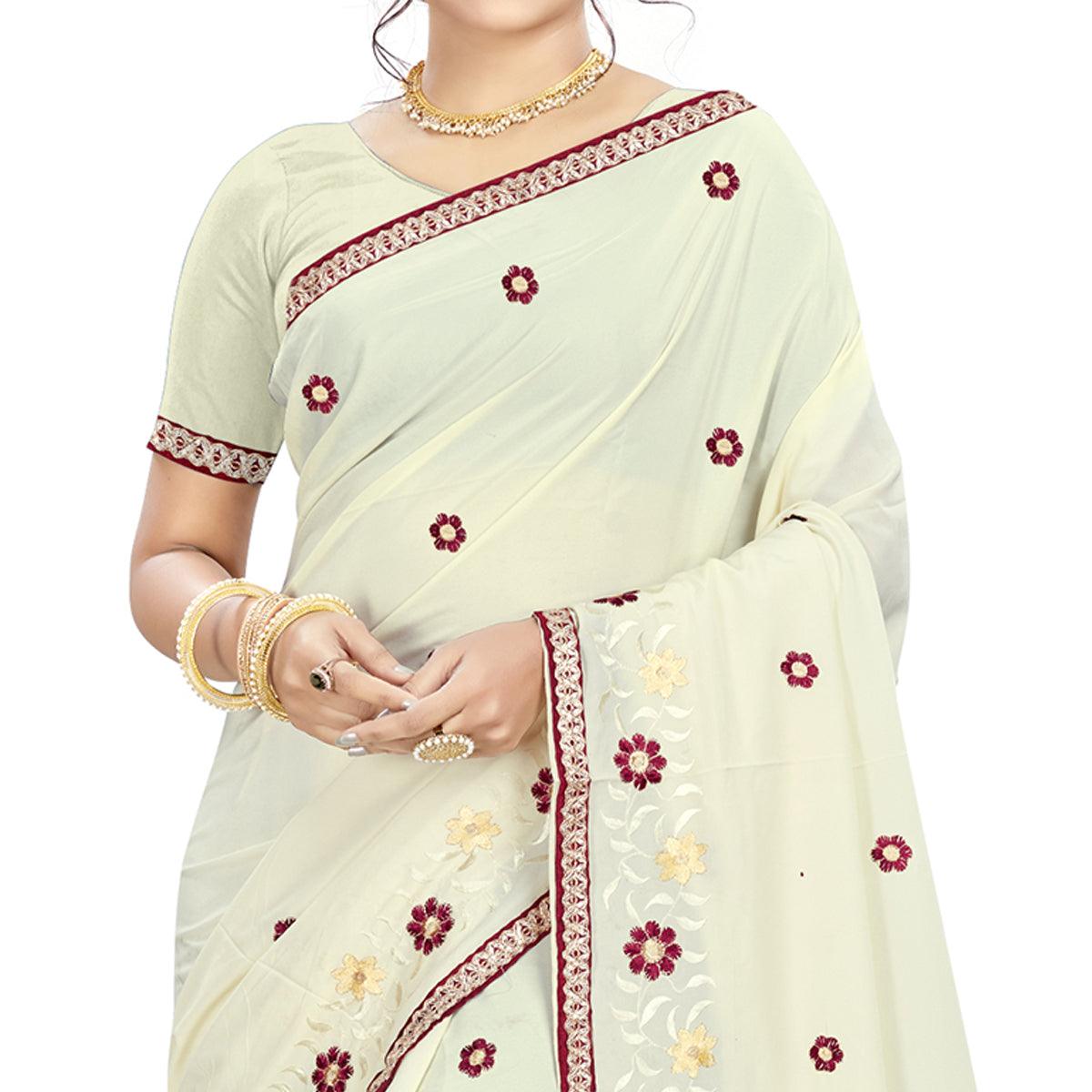Prominent Offwhite Colored Casual Wear Embroidered Crepe Saree - Peachmode