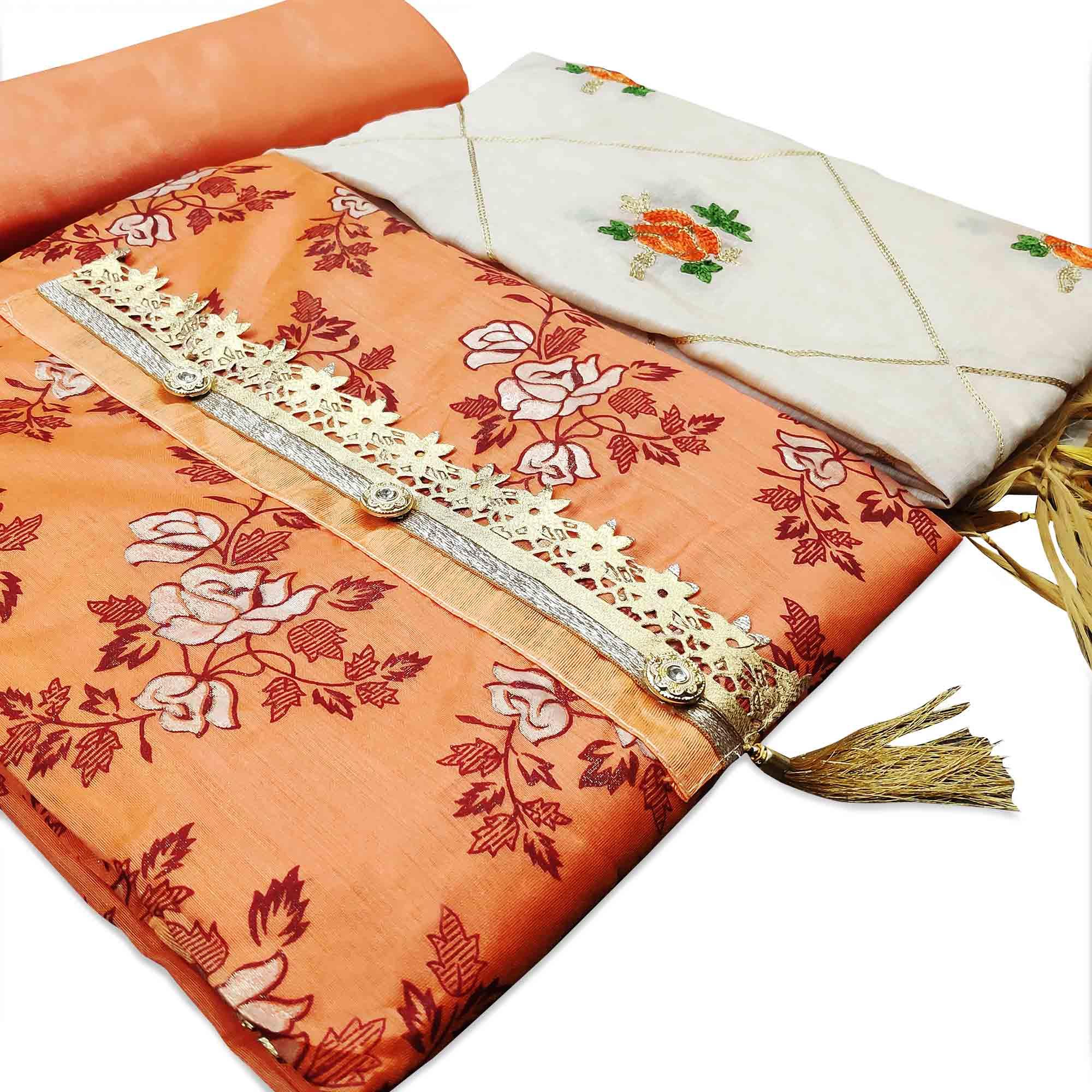 Prominent Orange Colored Casual Wear Printed Modal Silk Dress Material - Peachmode