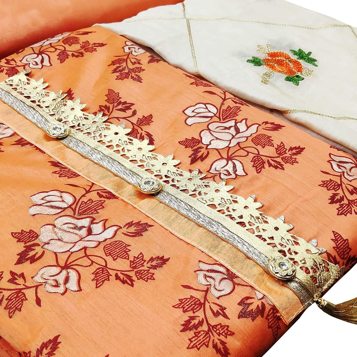 Prominent Orange Colored Casual Wear Printed Modal Silk Dress Material - Peachmode