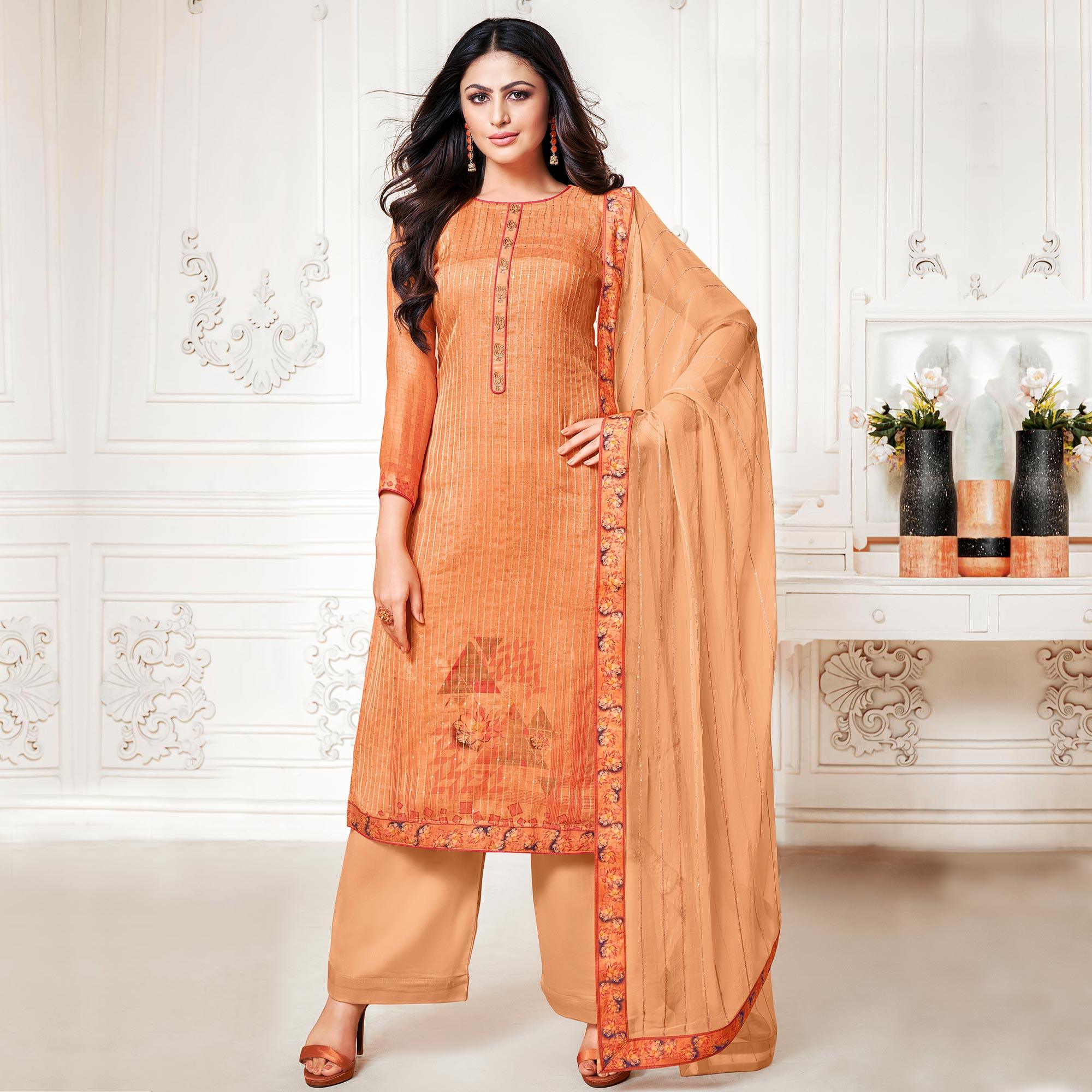 Prominent Orange Colored Digital Printed Pure Muslin Silk Dress Material - Peachmode