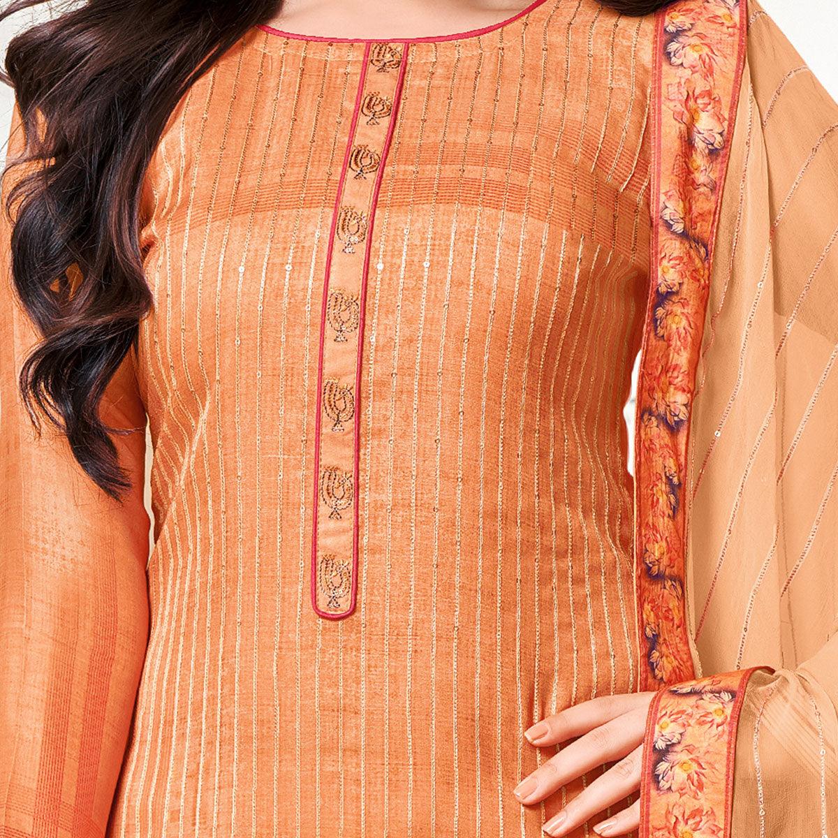 Prominent Orange Colored Digital Printed Pure Muslin Silk Dress Material - Peachmode