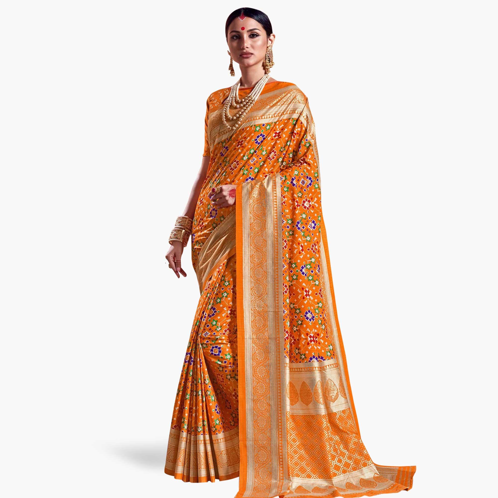 Prominent Orange Colored Festive Wear Printed Kanjivaram Silk Saree - Peachmode