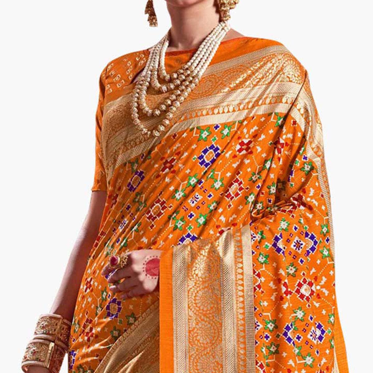 Prominent Orange Colored Festive Wear Printed Kanjivaram Silk Saree - Peachmode