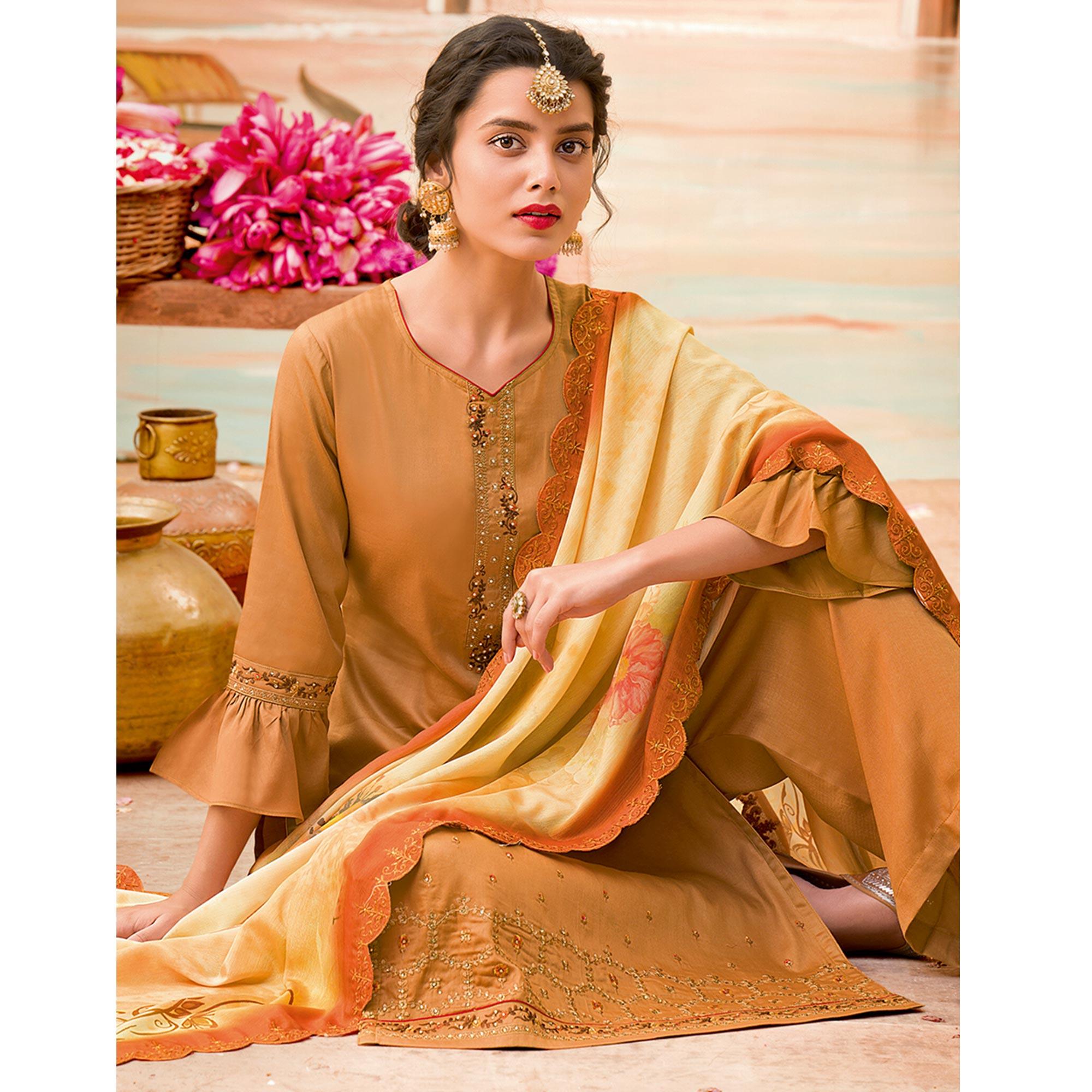 Prominent Orange Colored Partywear Embroidered Jam Silk Suit - Peachmode
