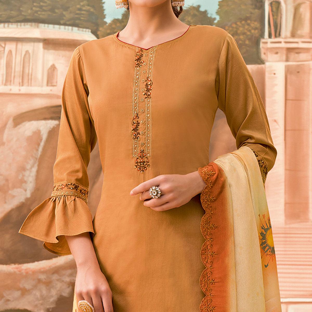 Prominent Orange Colored Partywear Embroidered Jam Silk Suit - Peachmode