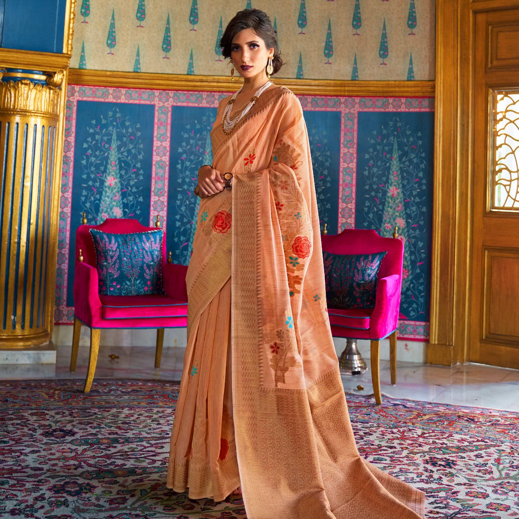 Prominent Peach Coloured Festive Wear Woven Multi Slub Soft Silk Saree - Peachmode
