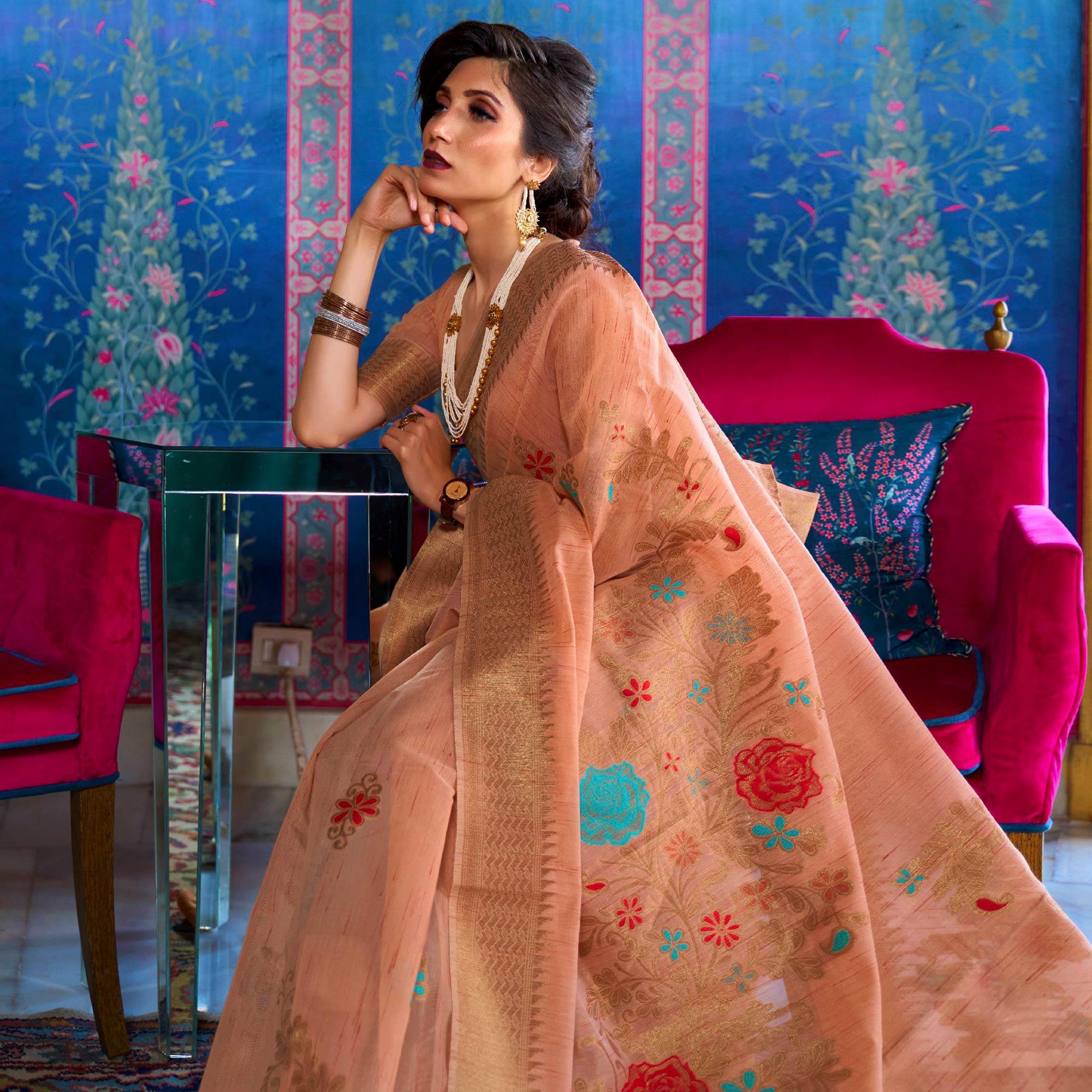 Prominent Peach Coloured Festive Wear Woven Multi Slub Soft Silk Saree - Peachmode