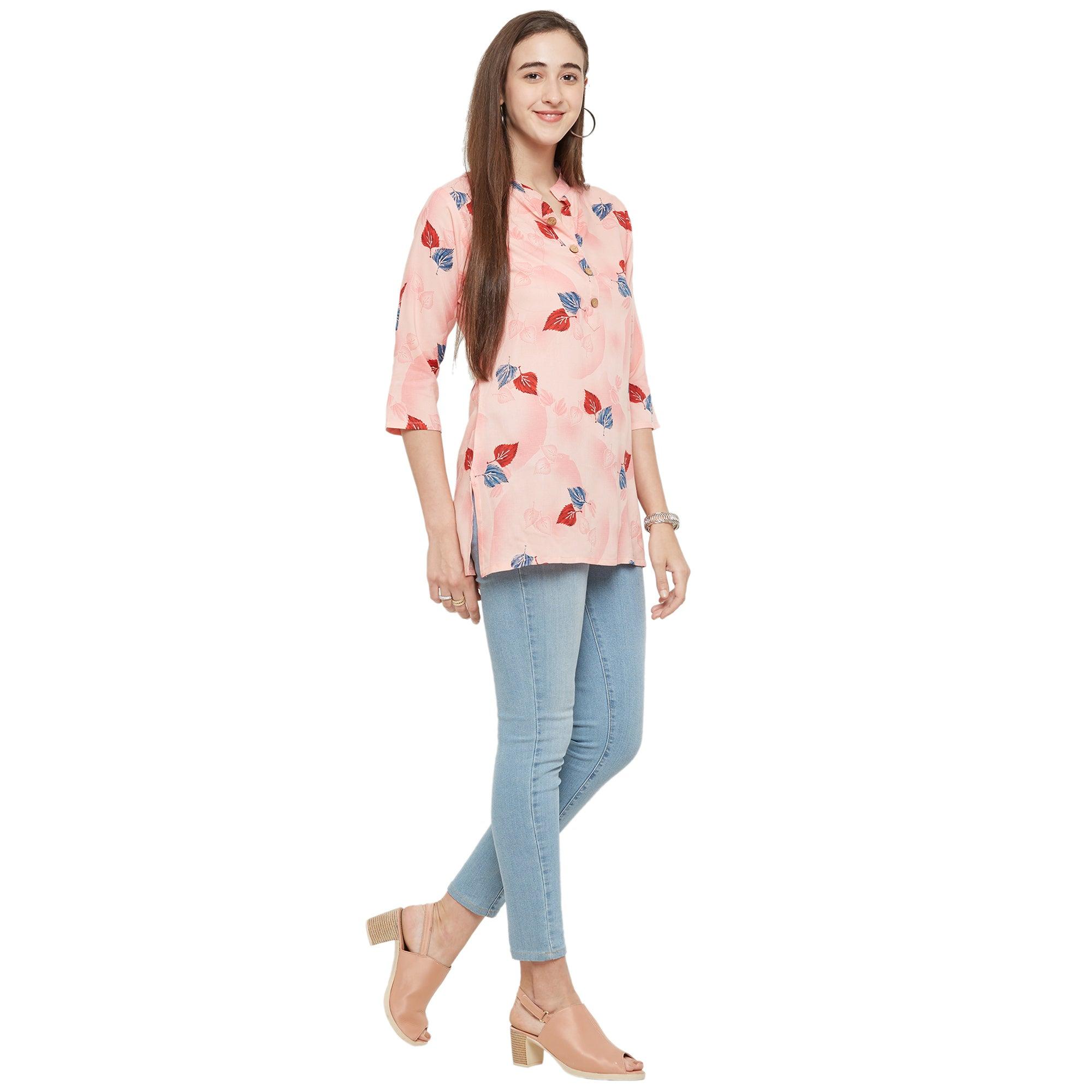 Prominent Pink Colored Casual Wear Printed Rayon Top - Peachmode