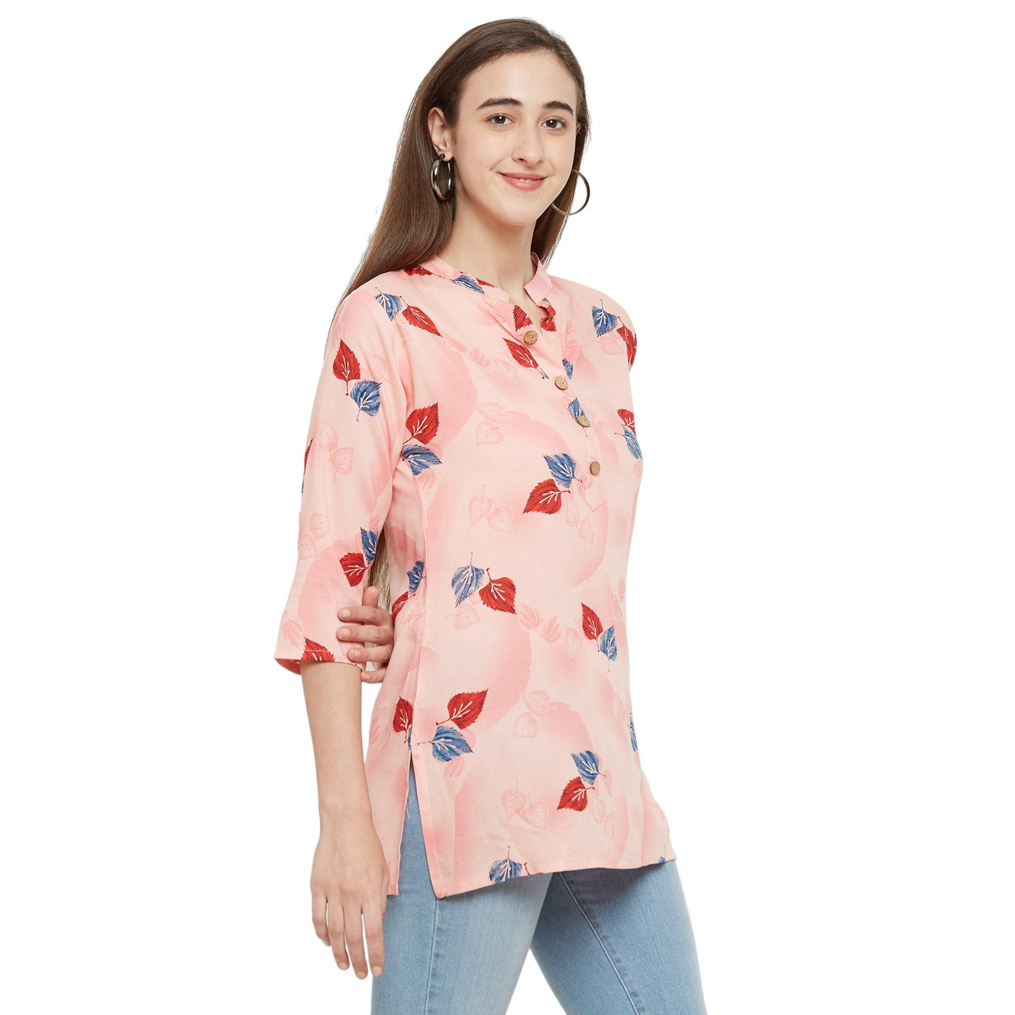 Prominent Pink Colored Casual Wear Printed Rayon Top - Peachmode