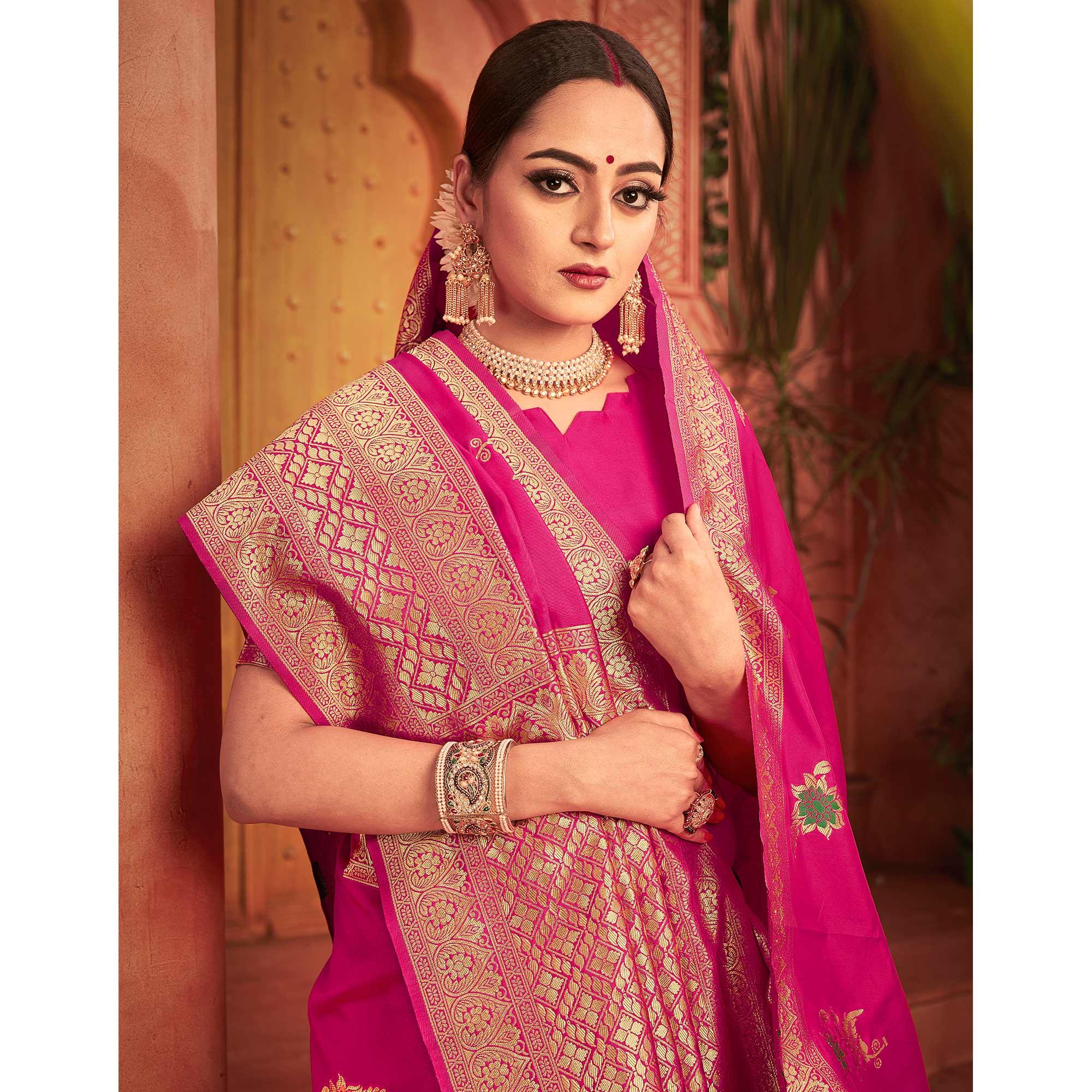 Prominent Pink Colored Festive Wear Woven Designer Silk Saree - Peachmode