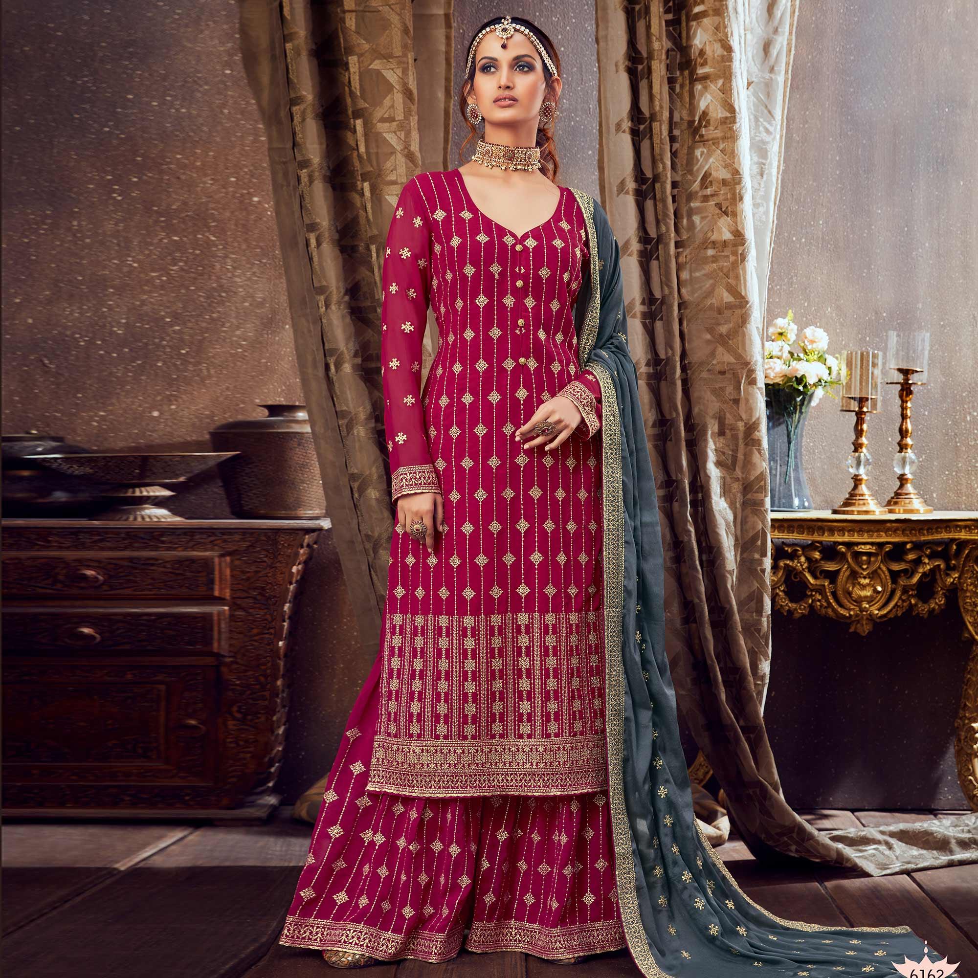 Prominent Pink Colored Partywear Embroidered Pure Georgette Palazzo Suit - Peachmode