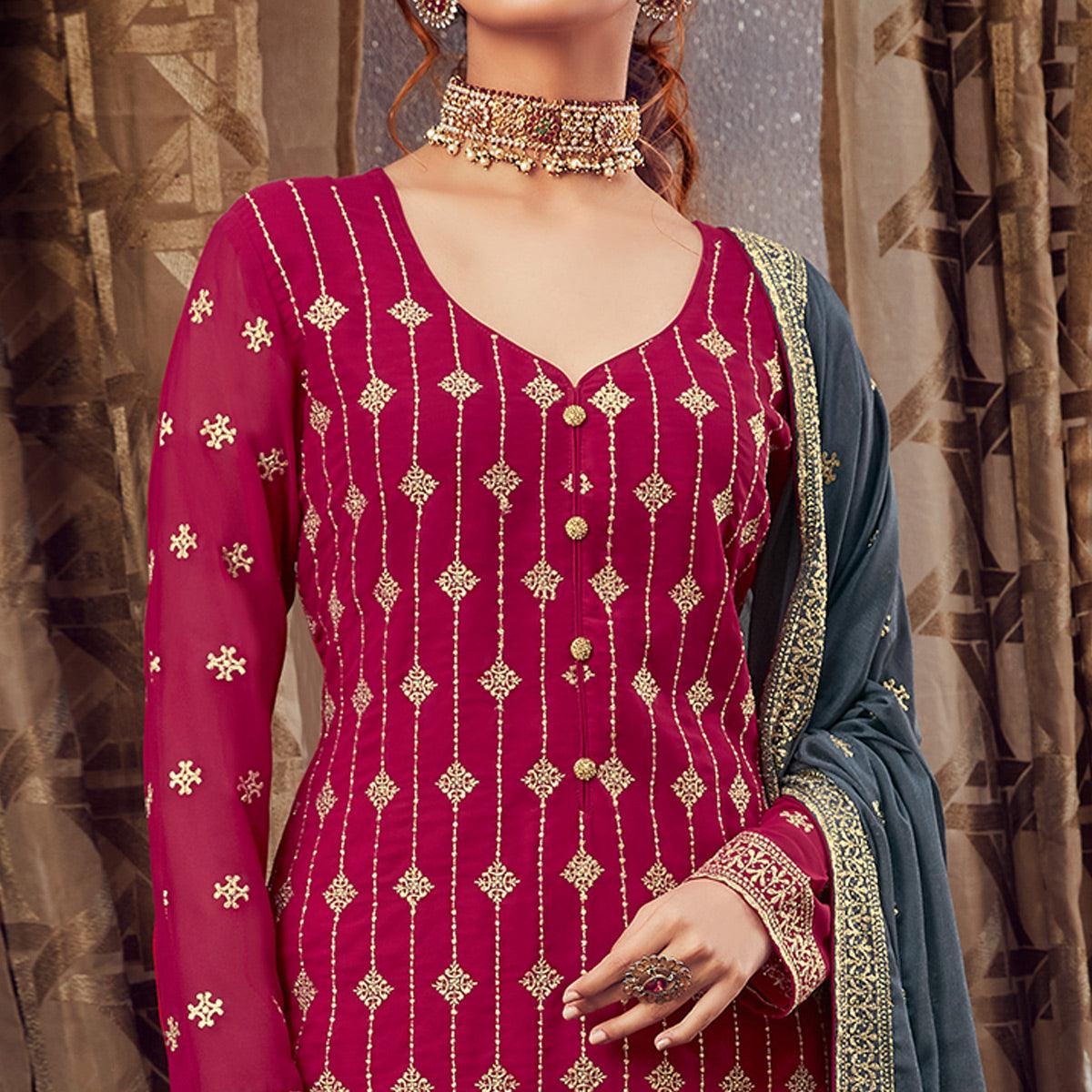 Prominent Pink Colored Partywear Embroidered Pure Georgette Palazzo Suit - Peachmode