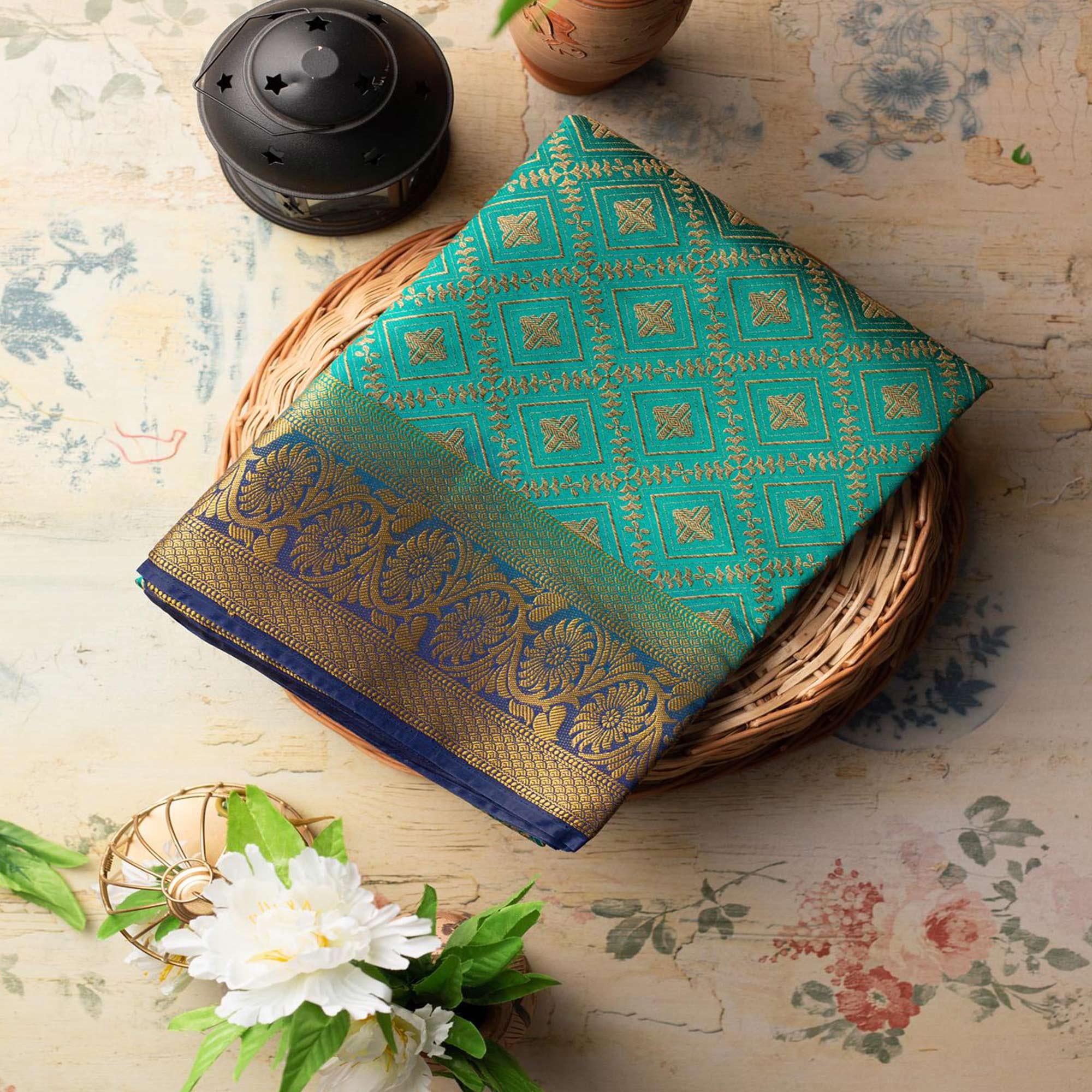 Prominent Rama Colored Festive Wear Woven Art Silk Saree - Peachmode