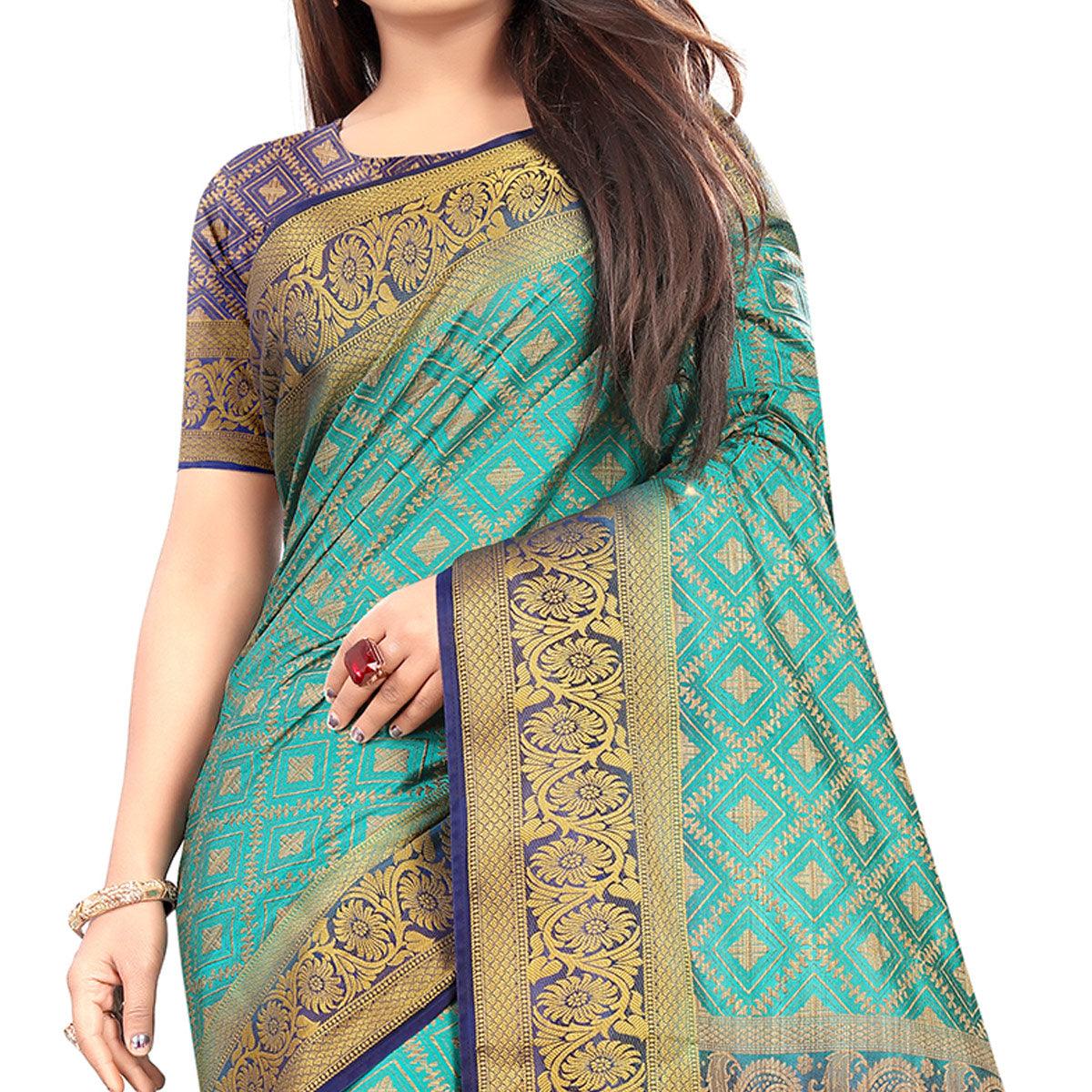 Prominent Rama Colored Festive Wear Woven Art Silk Saree - Peachmode