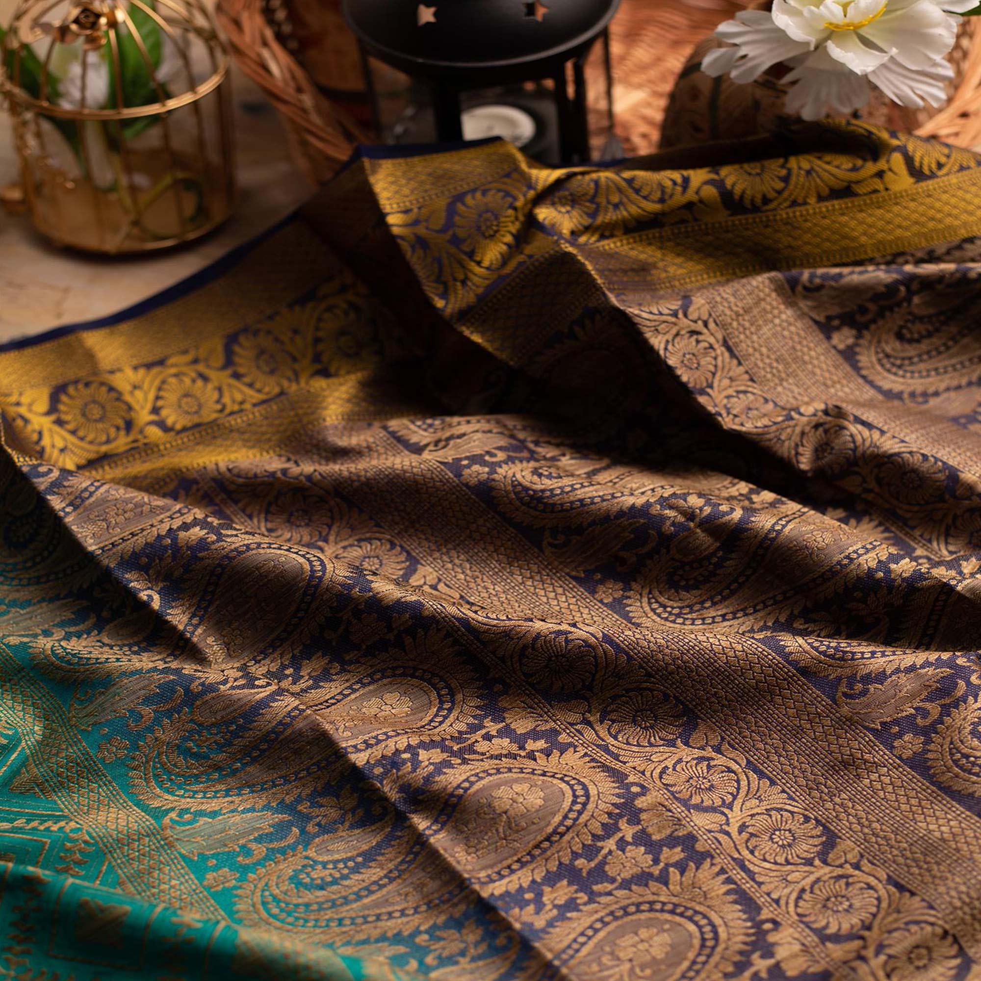 Prominent Rama Colored Festive Wear Woven Art Silk Saree - Peachmode