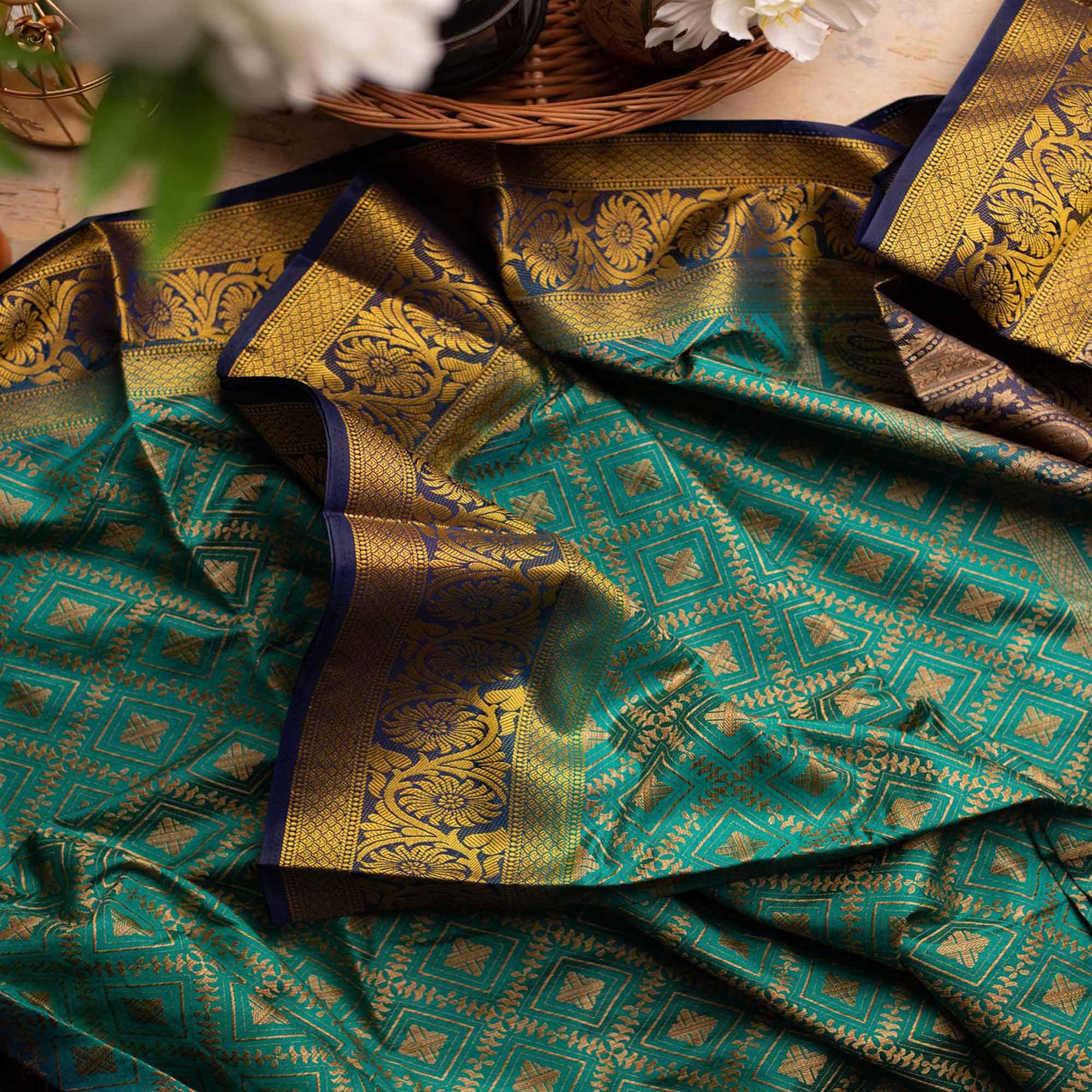 Prominent Rama Colored Festive Wear Woven Art Silk Saree - Peachmode