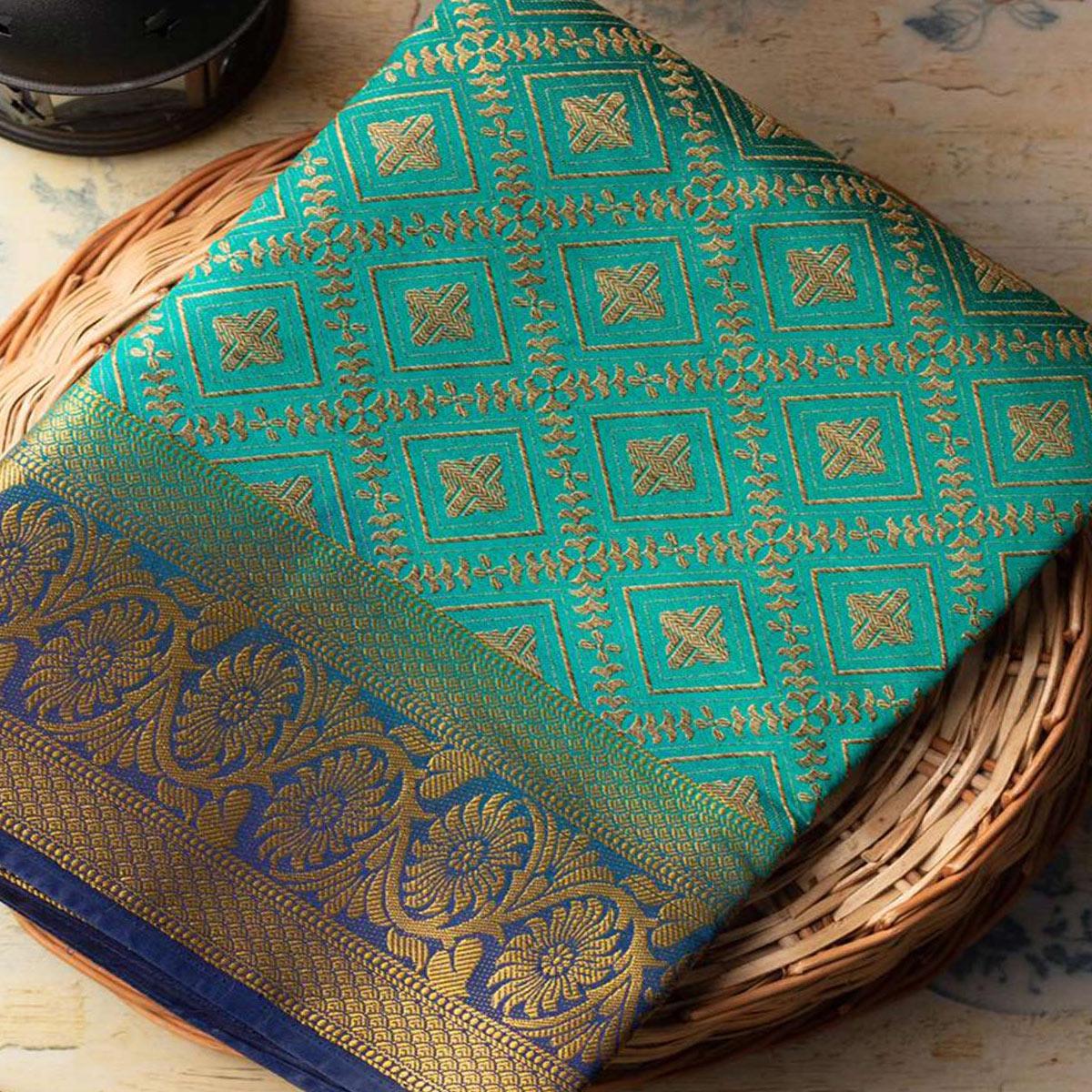 Prominent Rama Colored Festive Wear Woven Art Silk Saree - Peachmode