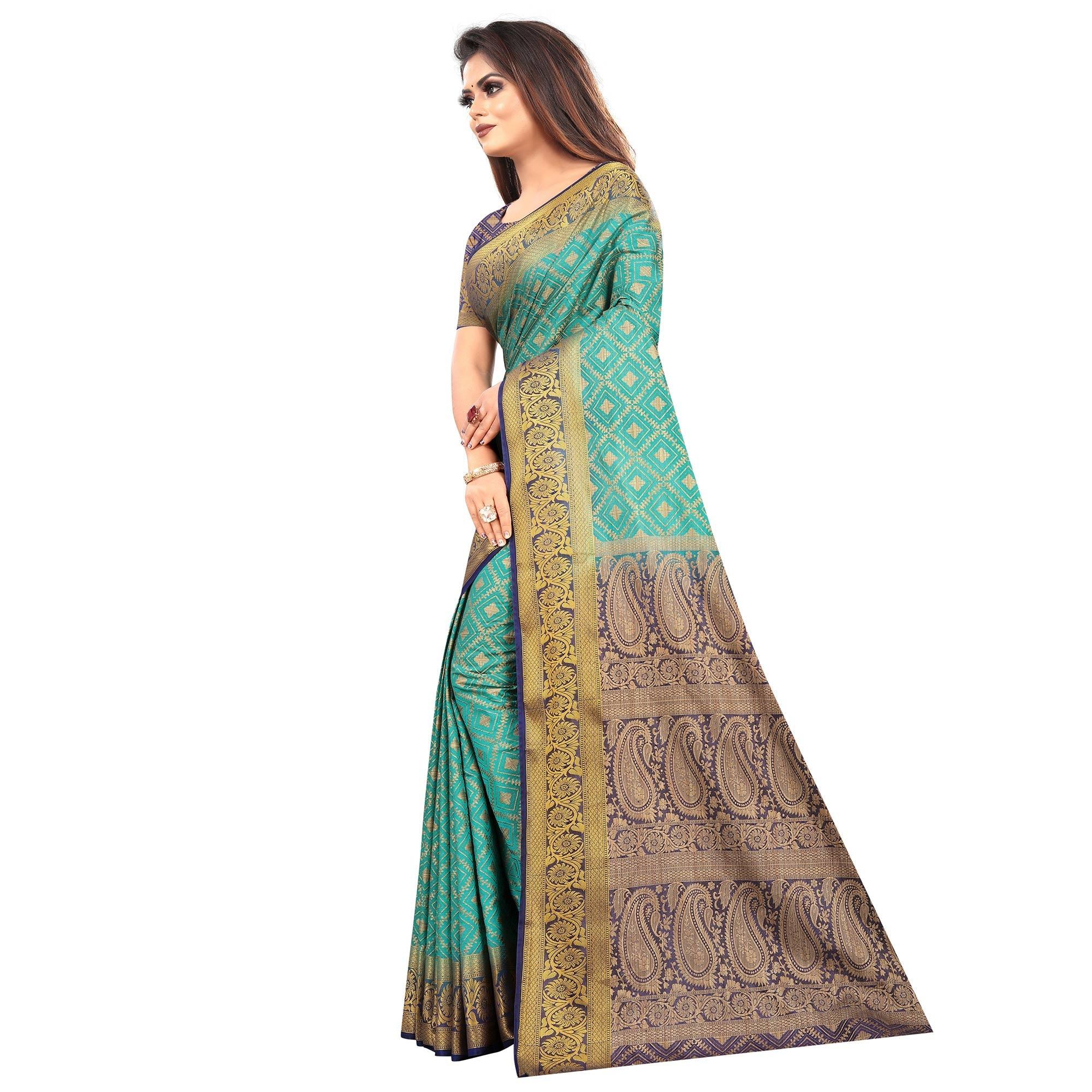 Prominent Rama Colored Festive Wear Woven Art Silk Saree - Peachmode