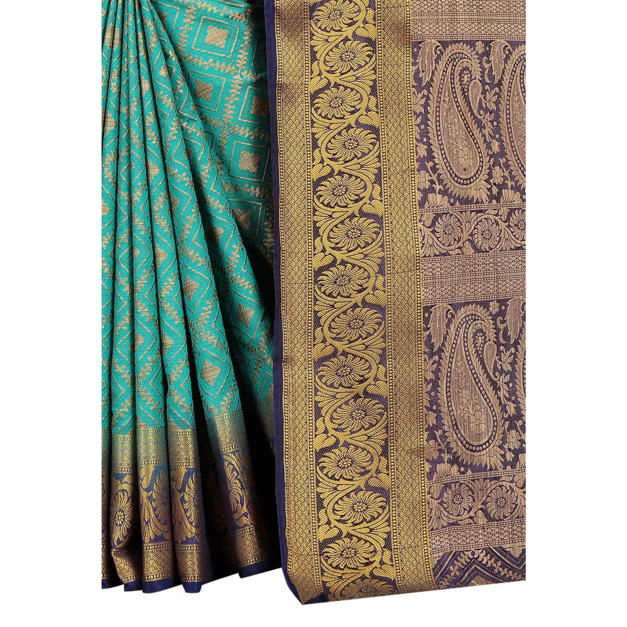 Prominent Rama Colored Festive Wear Woven Art Silk Saree - Peachmode