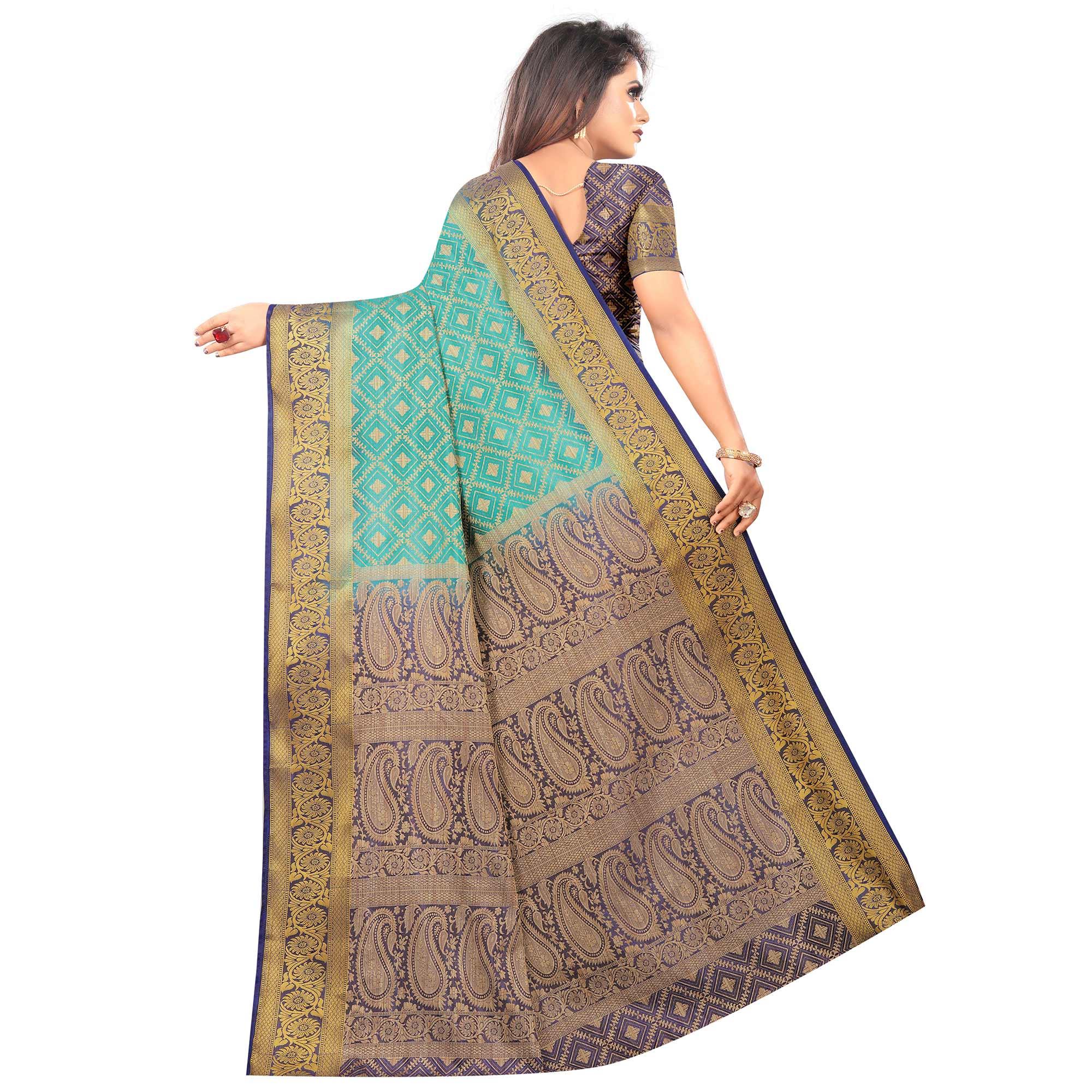 Prominent Rama Colored Festive Wear Woven Art Silk Saree - Peachmode