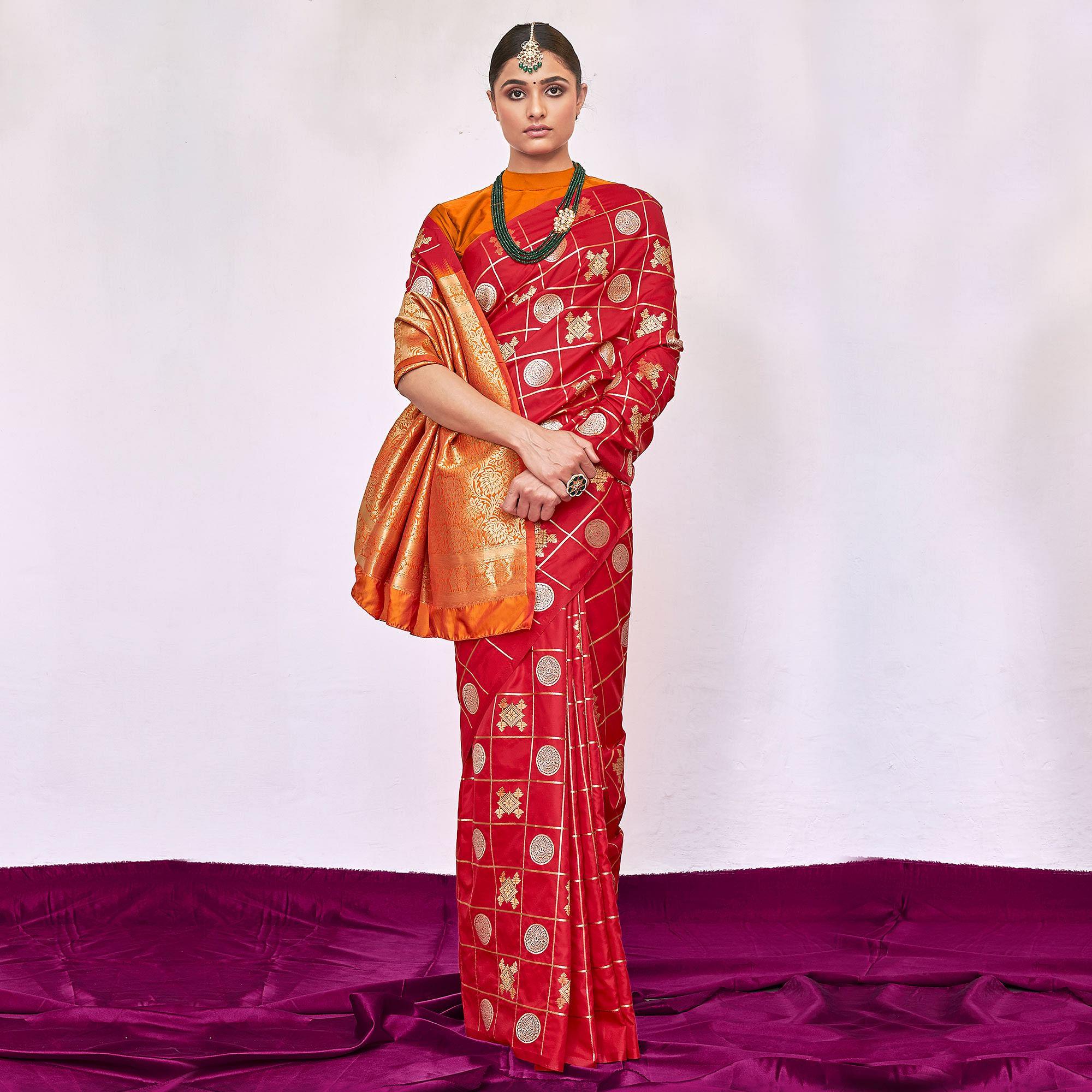 Prominent Red Colored Festive Wear Woven Silk Saree - Peachmode