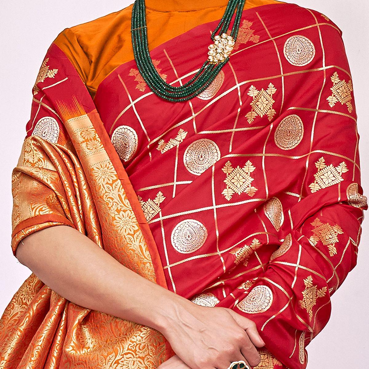 Prominent Red Colored Festive Wear Woven Silk Saree - Peachmode