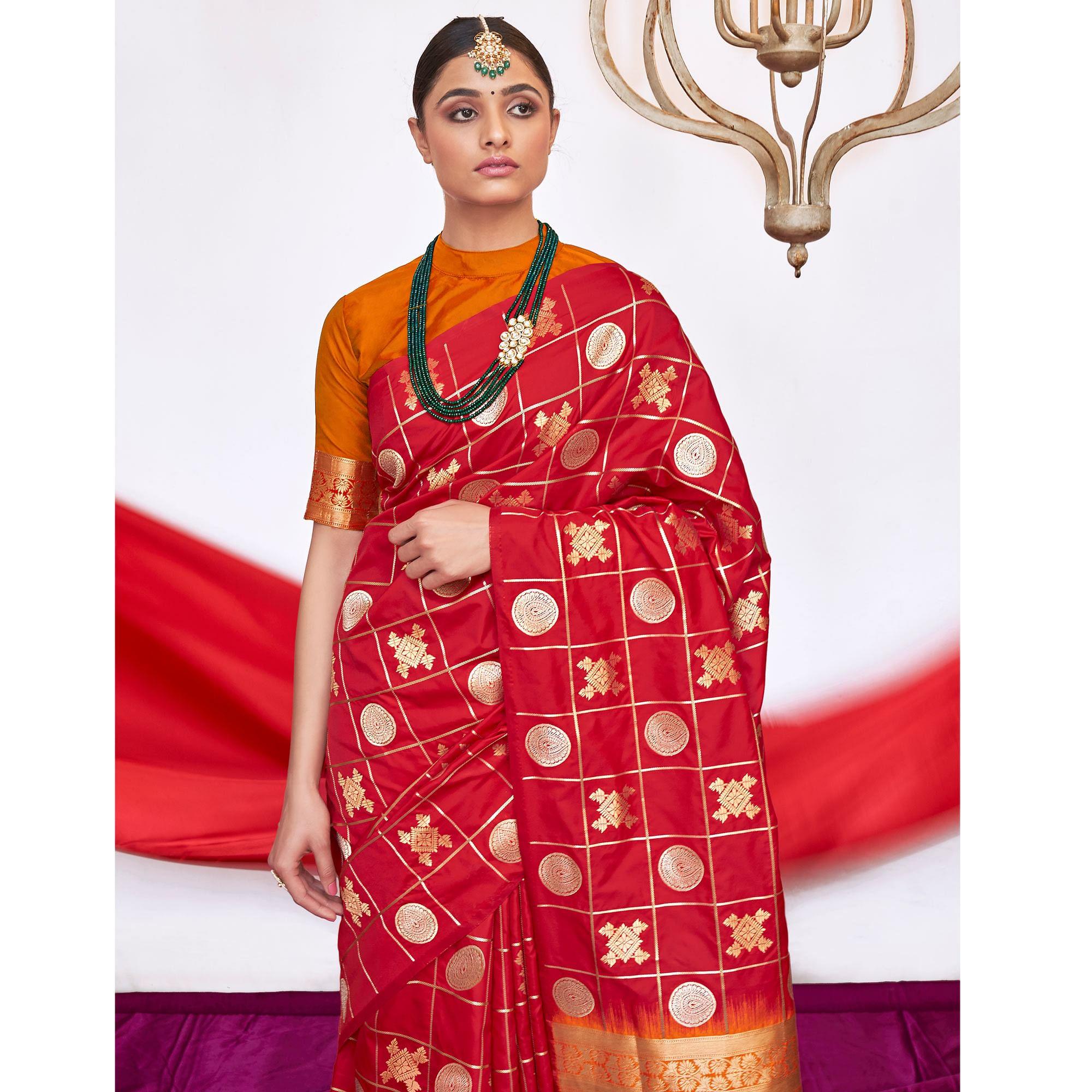 Prominent Red Colored Festive Wear Woven Silk Saree - Peachmode