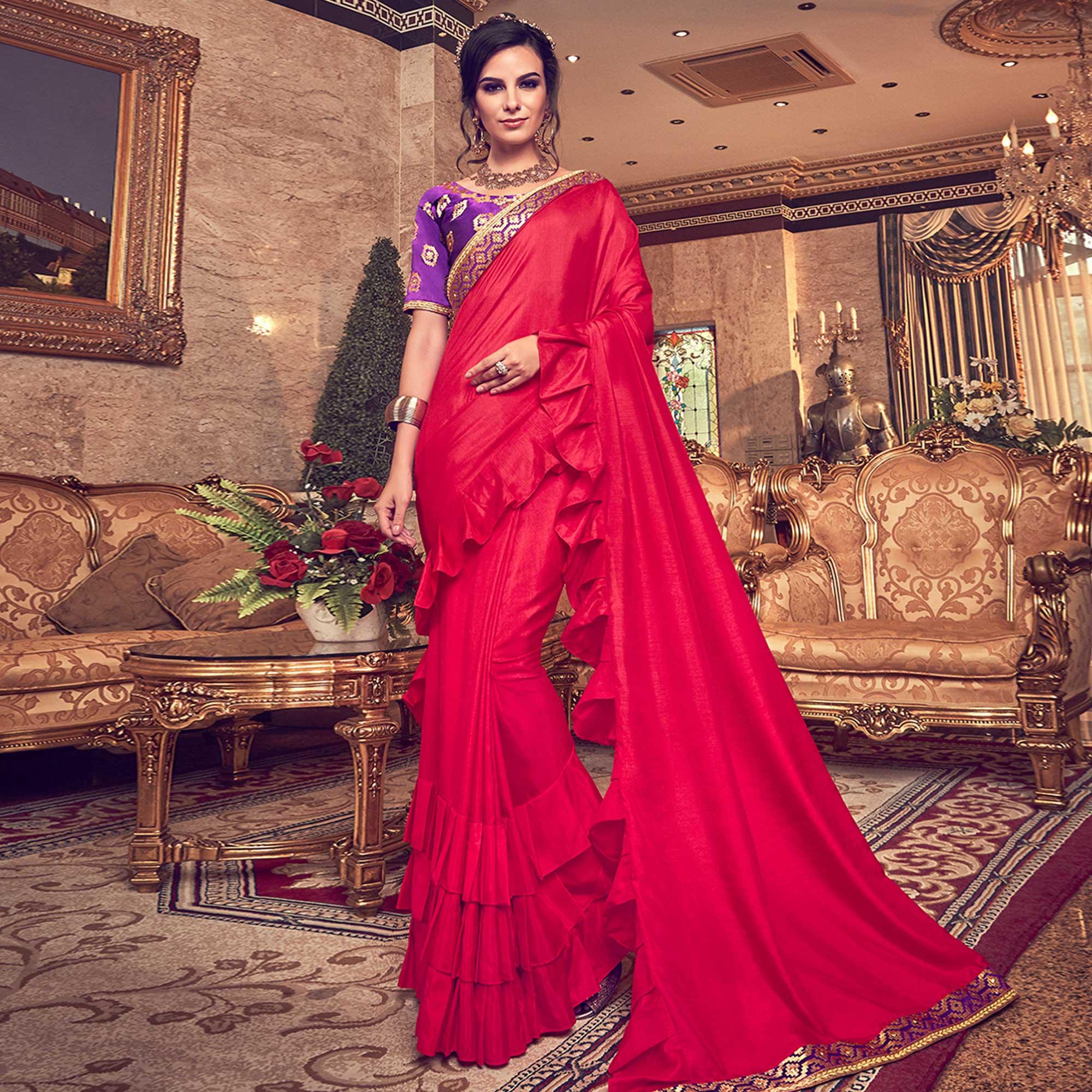 Prominent Red Colored Partywear Embroidered Georgette Saree - Peachmode