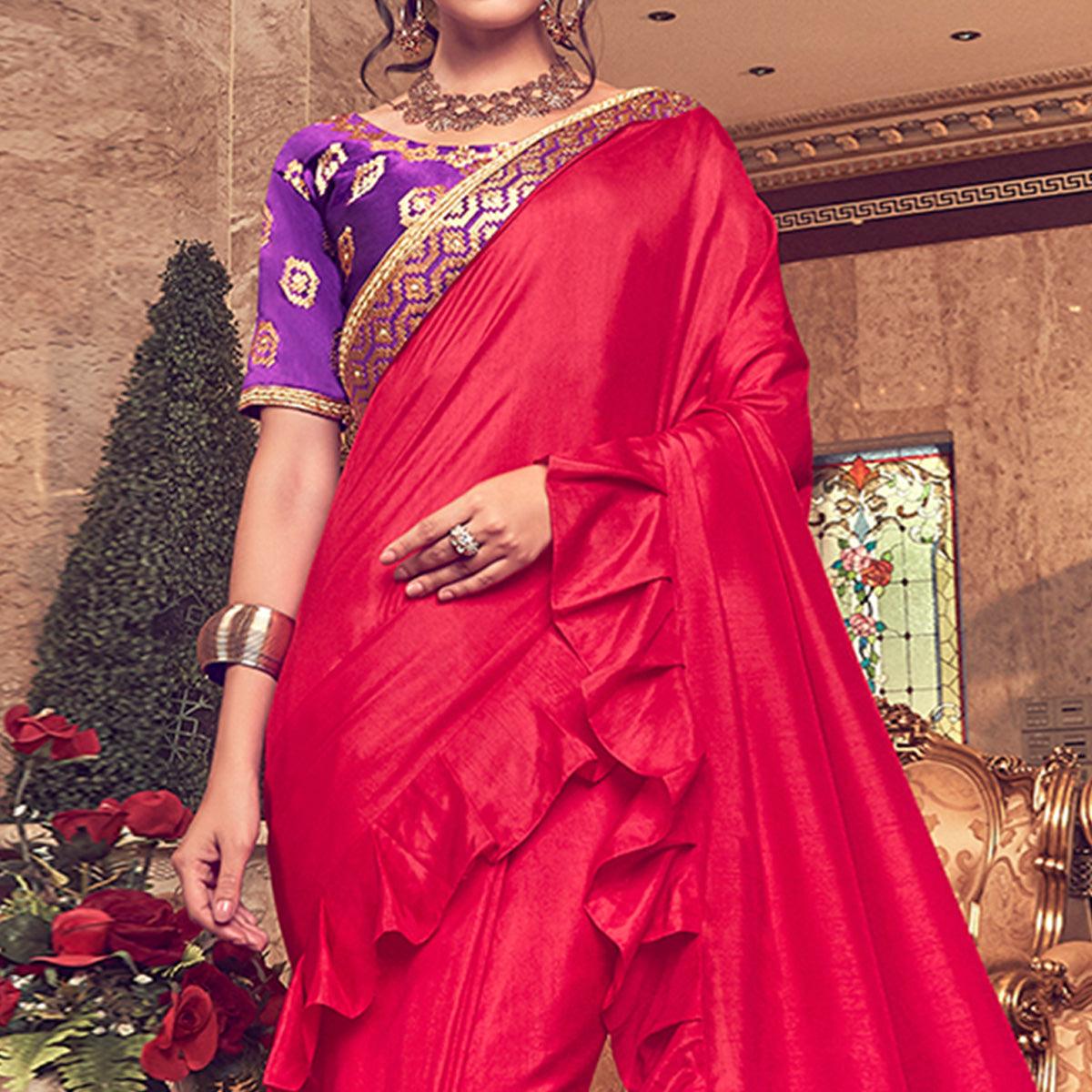 Prominent Red Colored Partywear Embroidered Georgette Saree - Peachmode