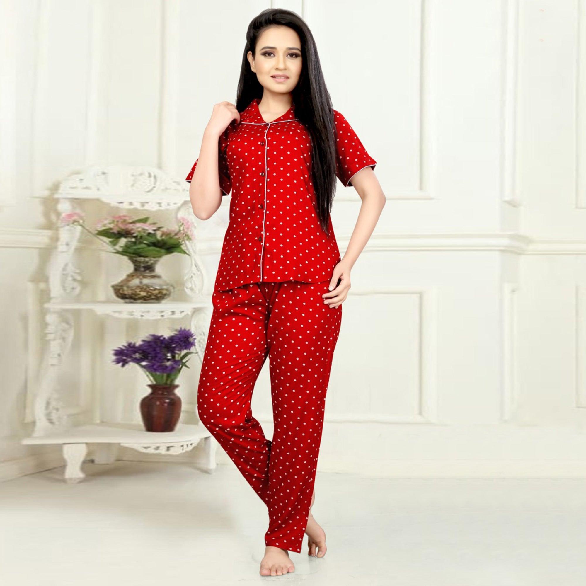 Prominent Red Colored Printed Cotton Rayon Night Suit - Peachmode
