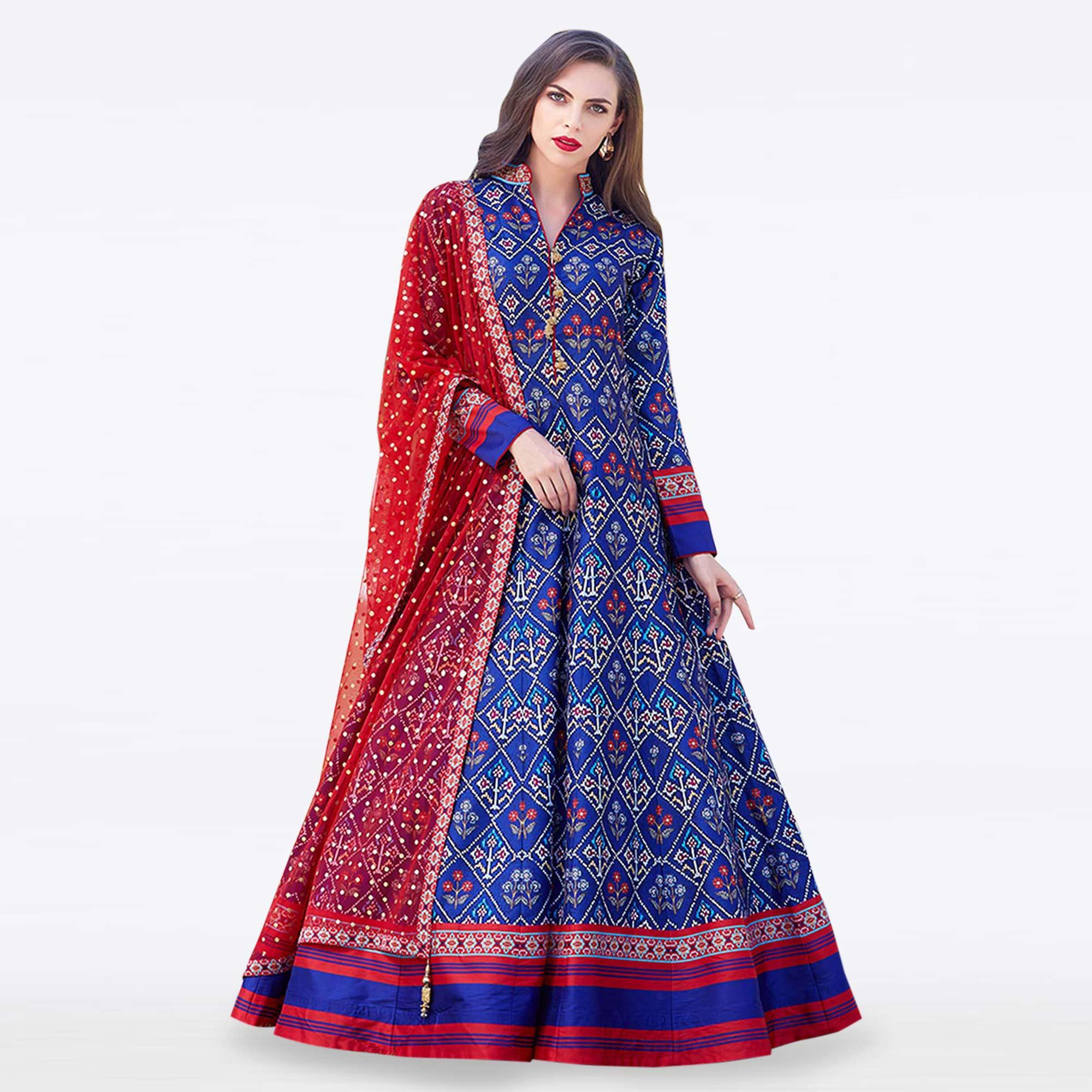 Prominent Royal Blue Colored Partywear Digital Printed Silk Gown - Peachmode