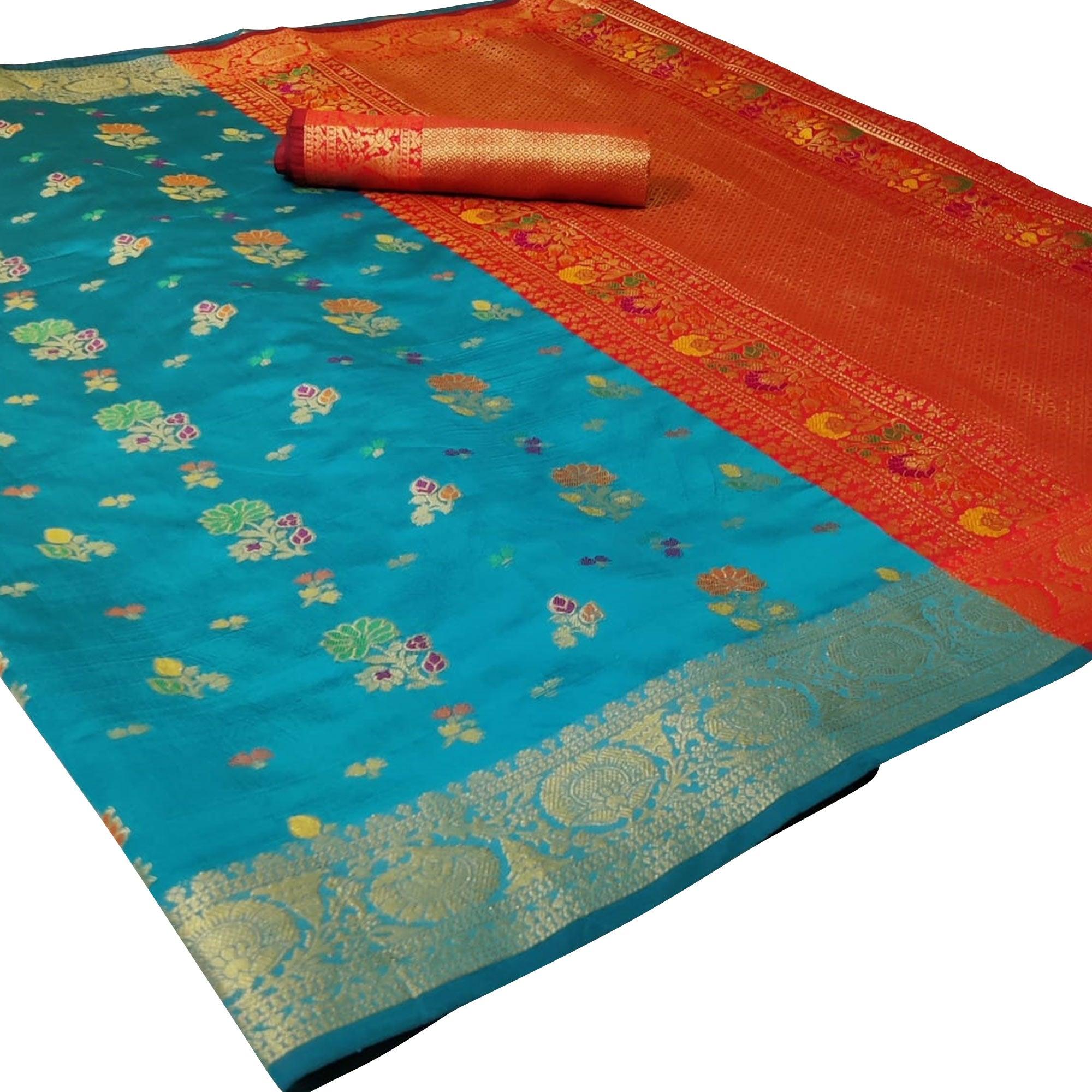 Prominent Sky Blue Colored Festive Wear Woven Silk Saree - Peachmode