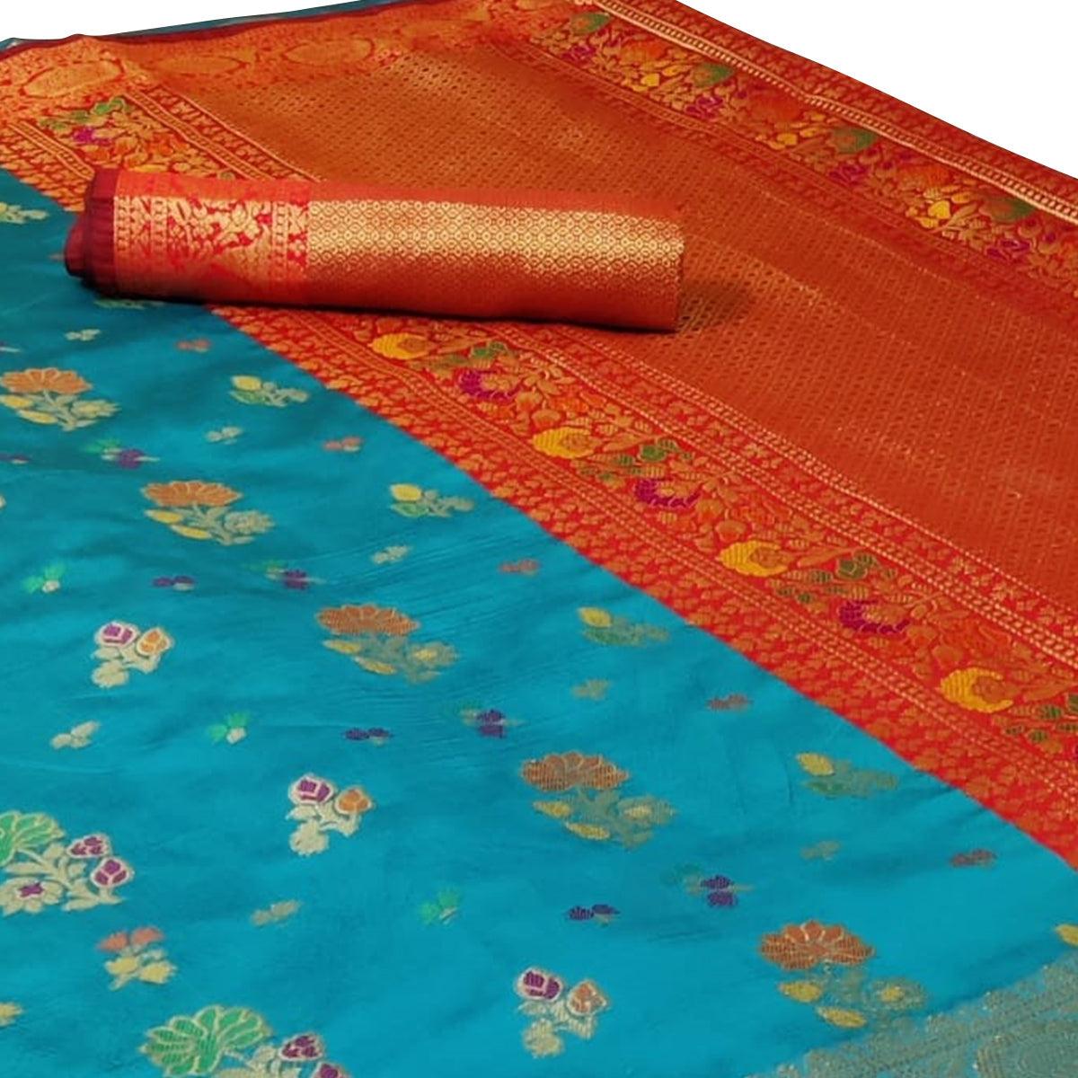 Prominent Sky Blue Colored Festive Wear Woven Silk Saree - Peachmode