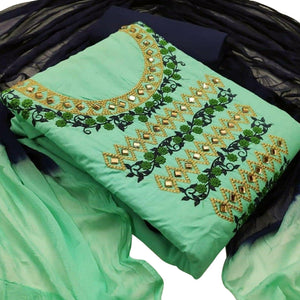 Prominent Turquoise Green Colored Casual Wear Embroidered Cotton Dress Material - Peachmode