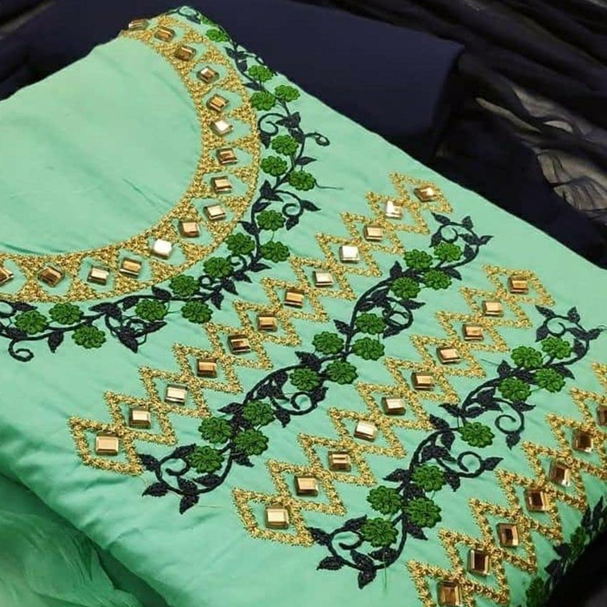 Prominent Turquoise Green Colored Casual Wear Embroidered Cotton Dress Material - Peachmode