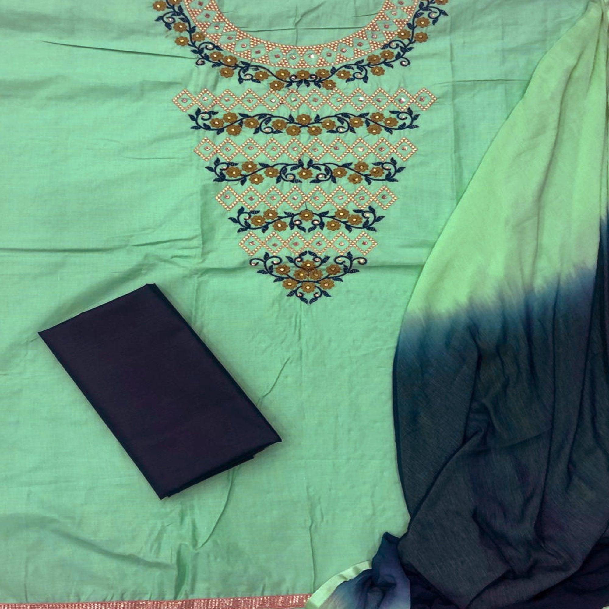Prominent Turquoise Green Colored Casual Wear Embroidered Cotton Dress Material - Peachmode