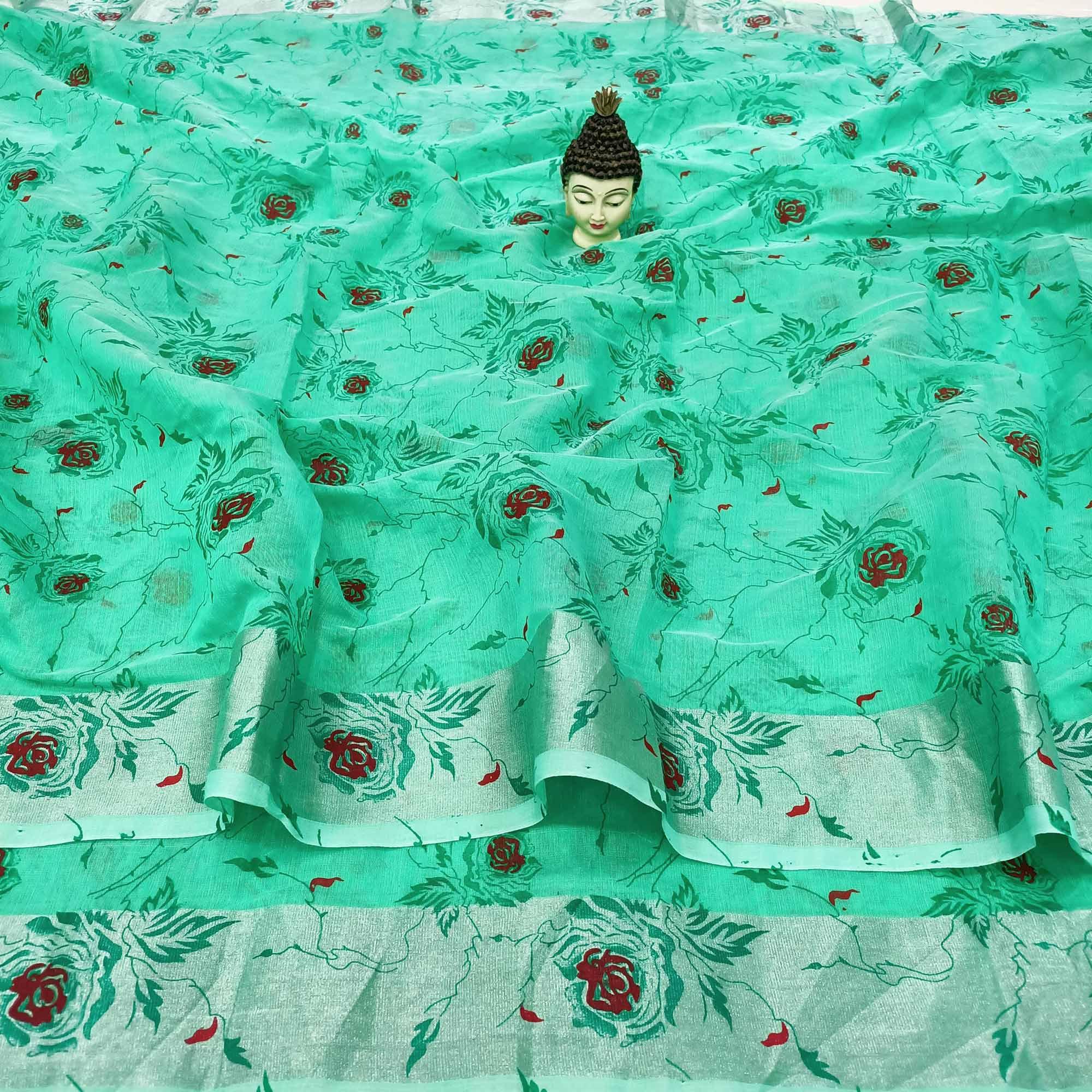 Prominent Turquoise Green Colored Casual Wear Floral Block Printed Cotton Linen Saree - Peachmode