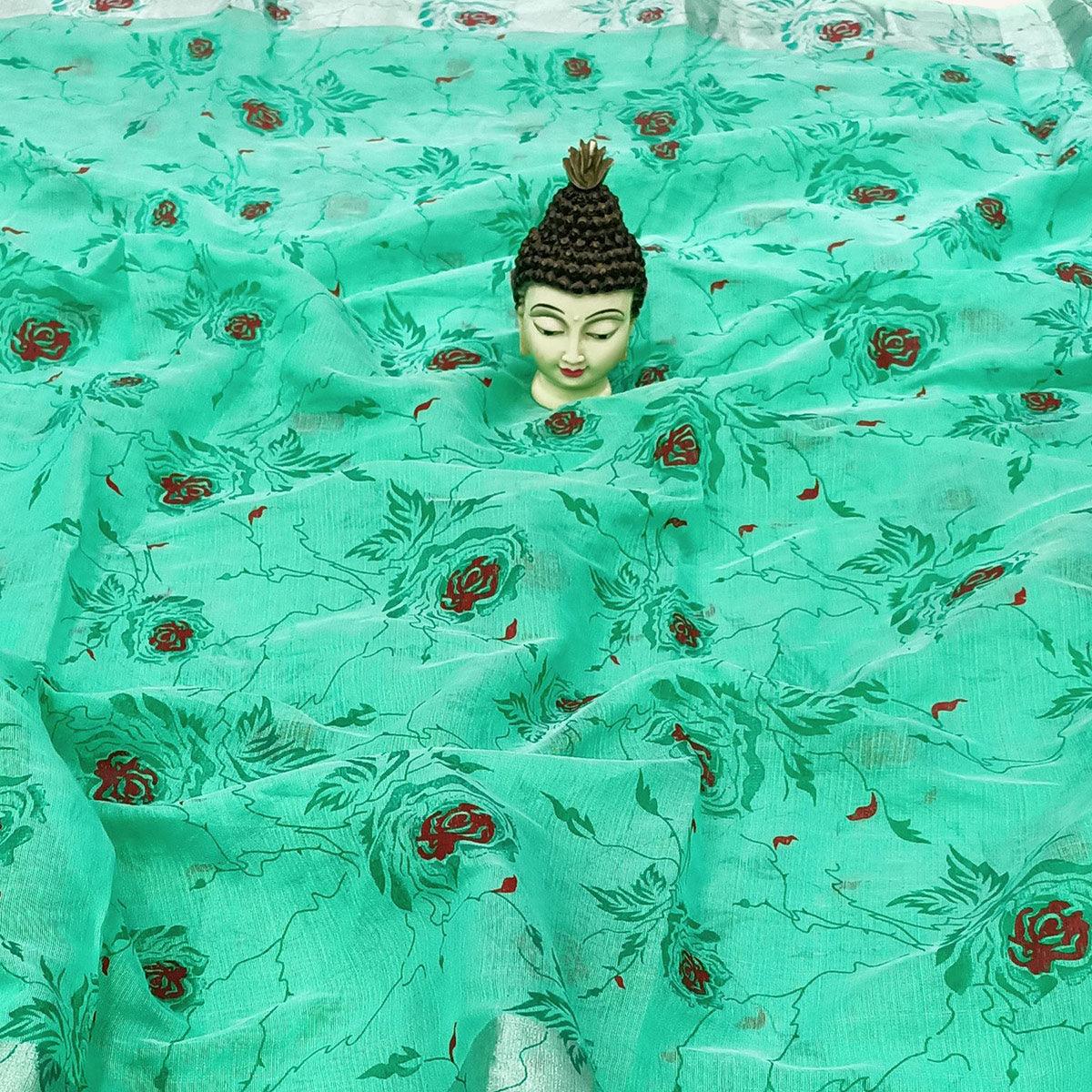Prominent Turquoise Green Colored Casual Wear Floral Block Printed Cotton Linen Saree - Peachmode