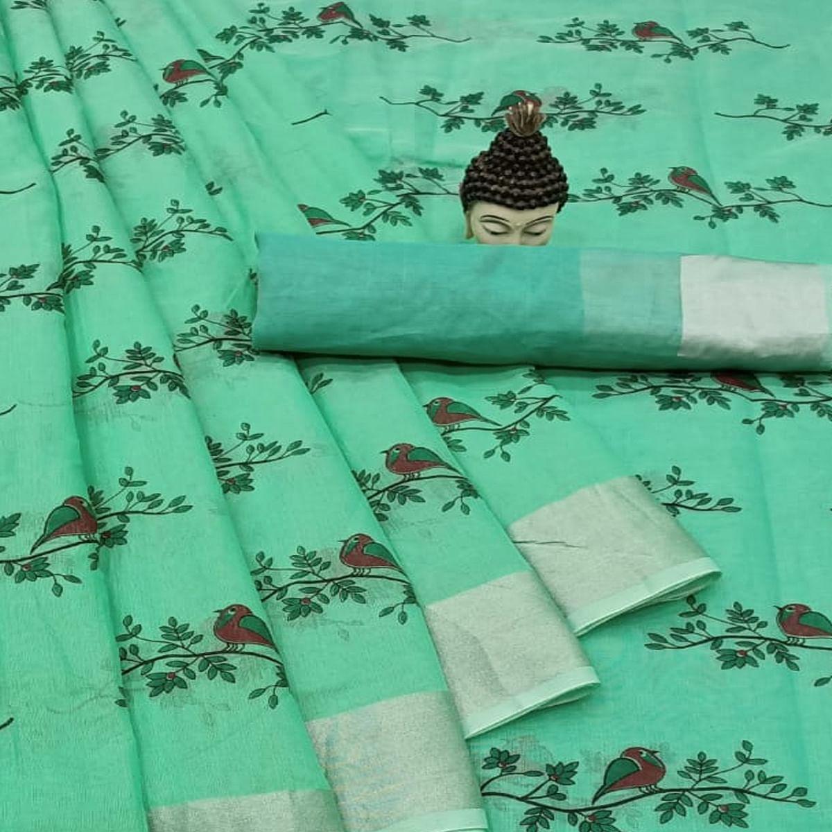 Prominent Turquoise Green Colored Casual Wear Printed Cotton Linen Saree - Peachmode