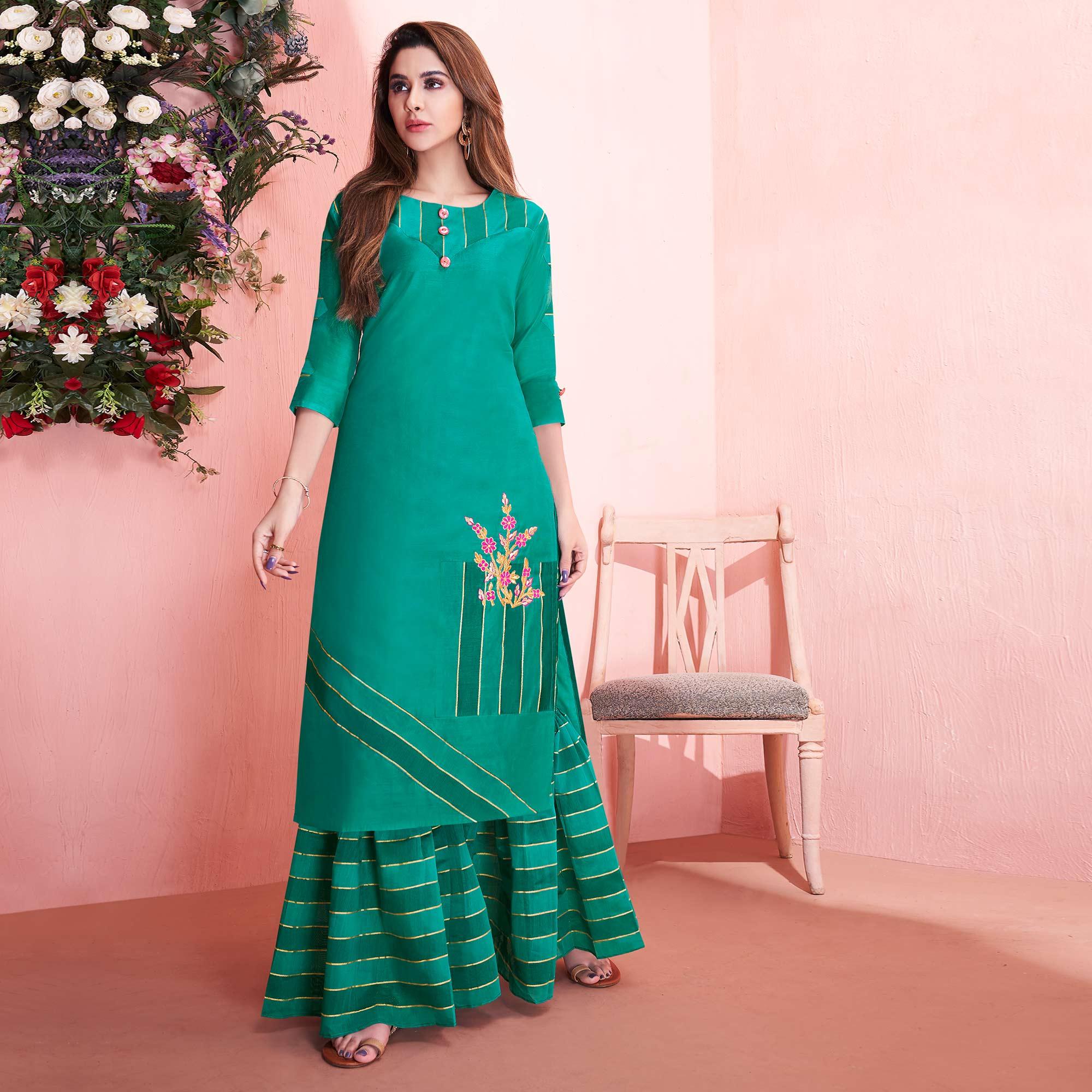 Prominent Turquoise Green Colored Partywear Embroidered Modal Silk Kurti-Sharara Set - Peachmode