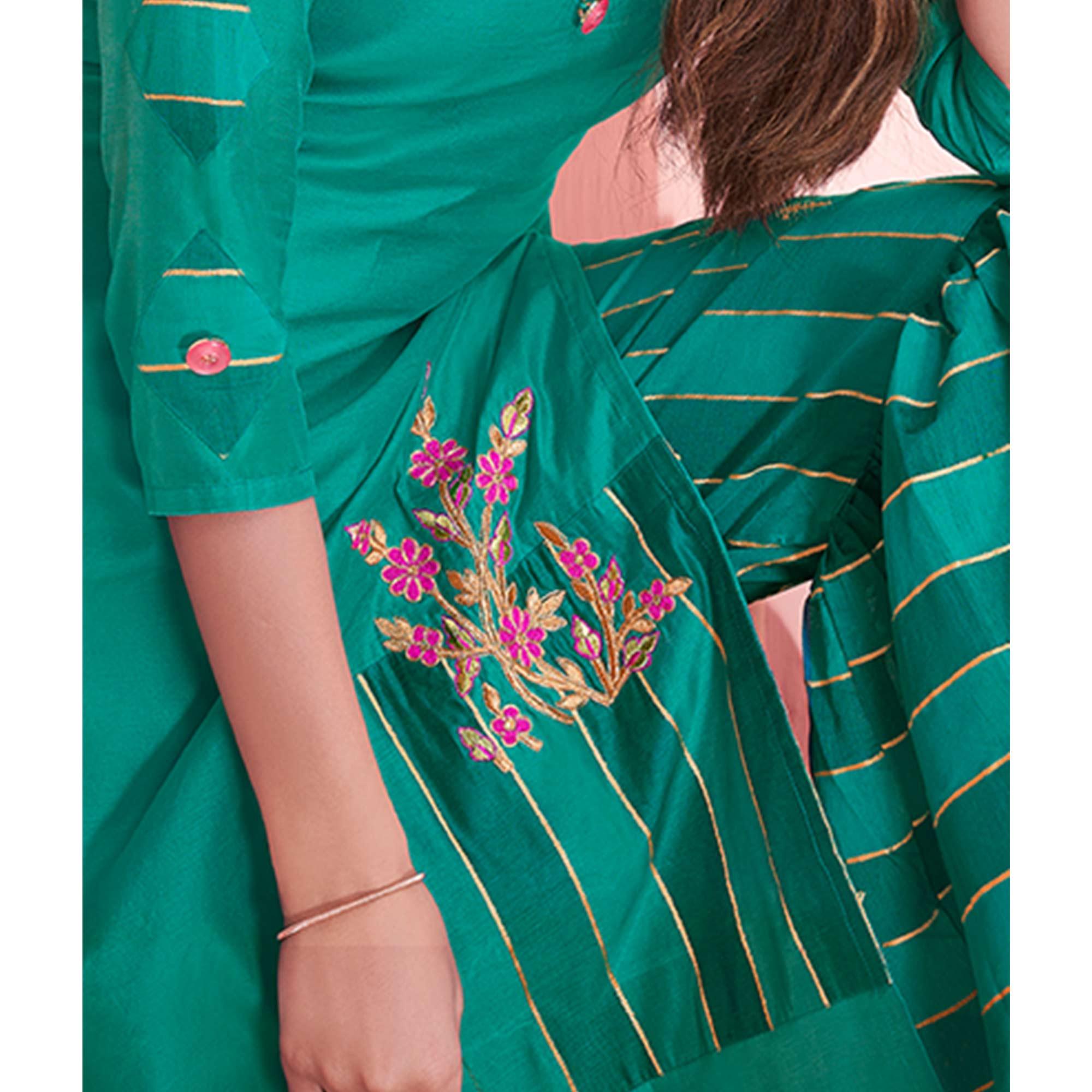 Prominent Turquoise Green Colored Partywear Embroidered Modal Silk Kurti-Sharara Set - Peachmode