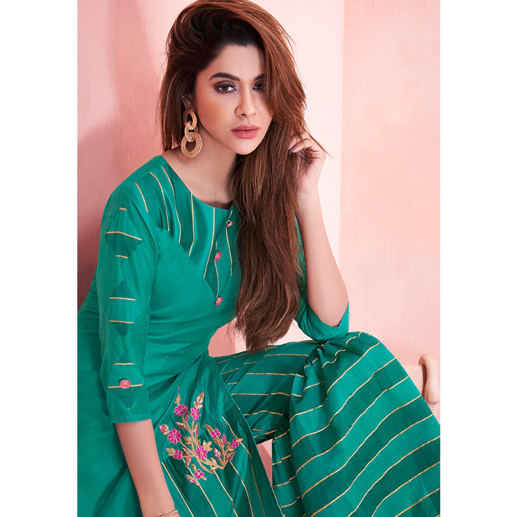 Prominent Turquoise Green Colored Partywear Embroidered Modal Silk Kurti-Sharara Set - Peachmode