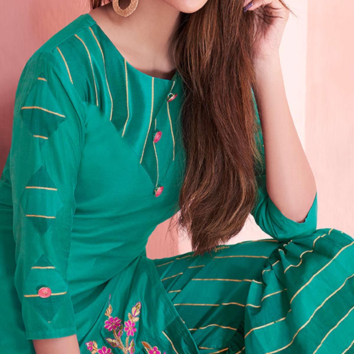 Prominent Turquoise Green Colored Partywear Embroidered Modal Silk Kurti-Sharara Set - Peachmode