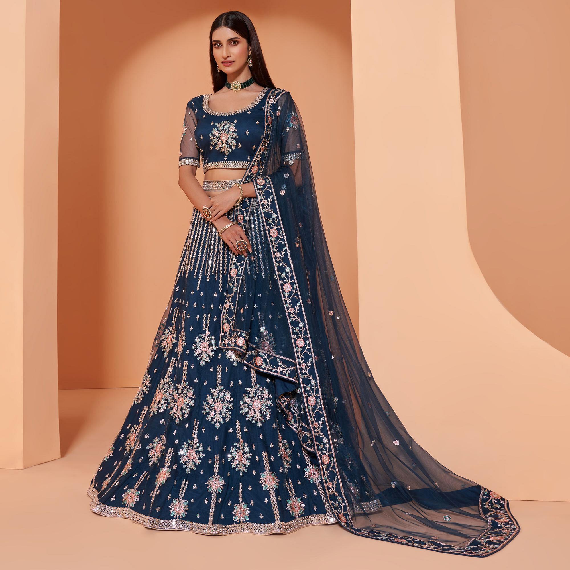 Prussian Blue Partywear Floral Embroidered Embellished Net Lehenga Choli - Peachmode